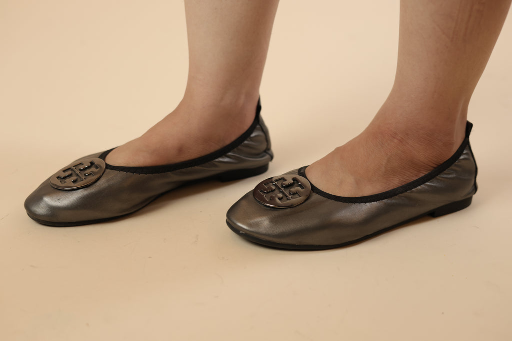 Metallic Grey Round-Toe Flats
