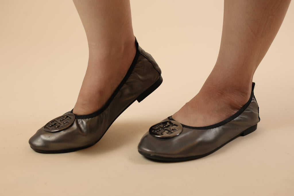 Metallic Grey Round-Toe Flats