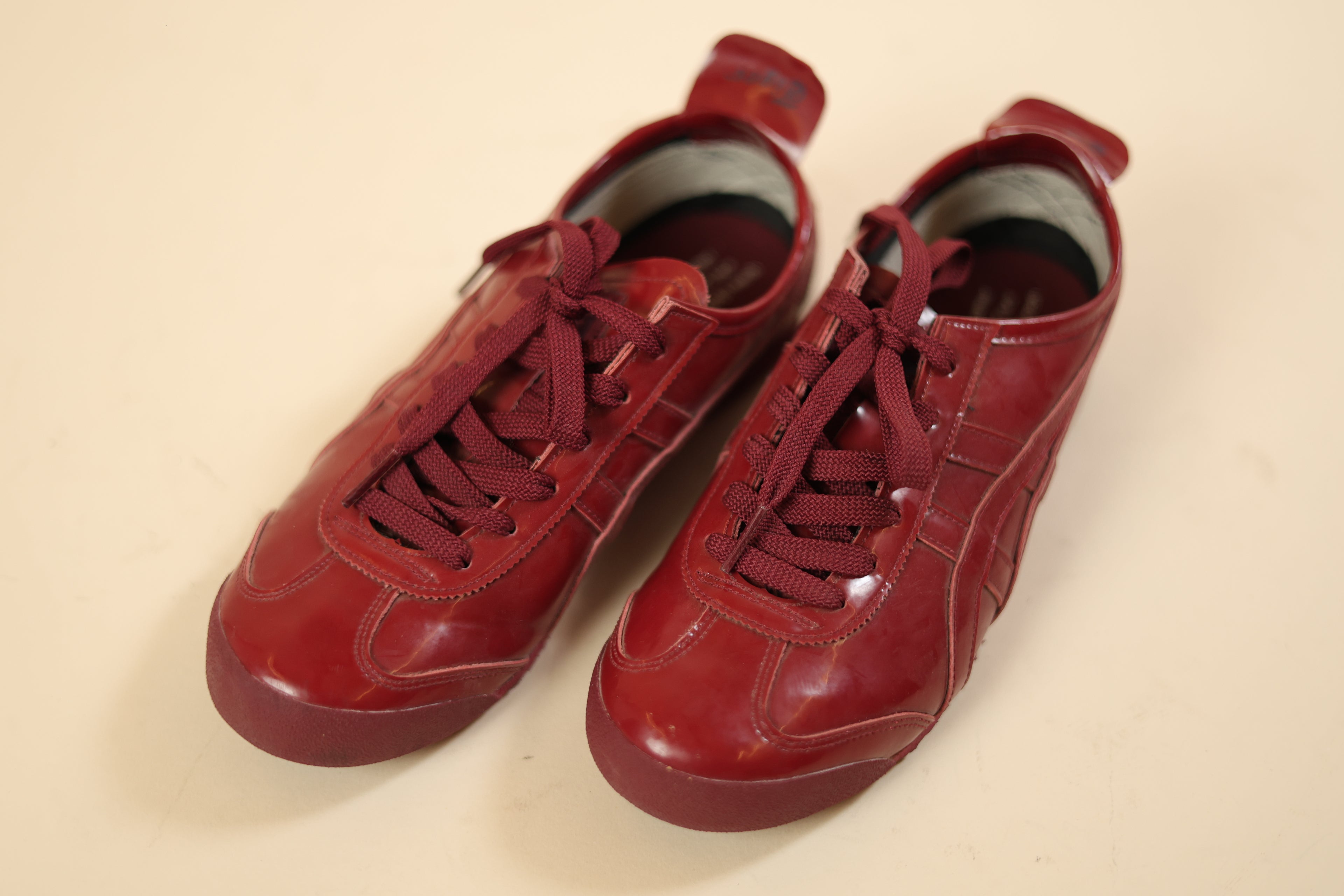 Shiny Red Tonal-Stripe Sneakers