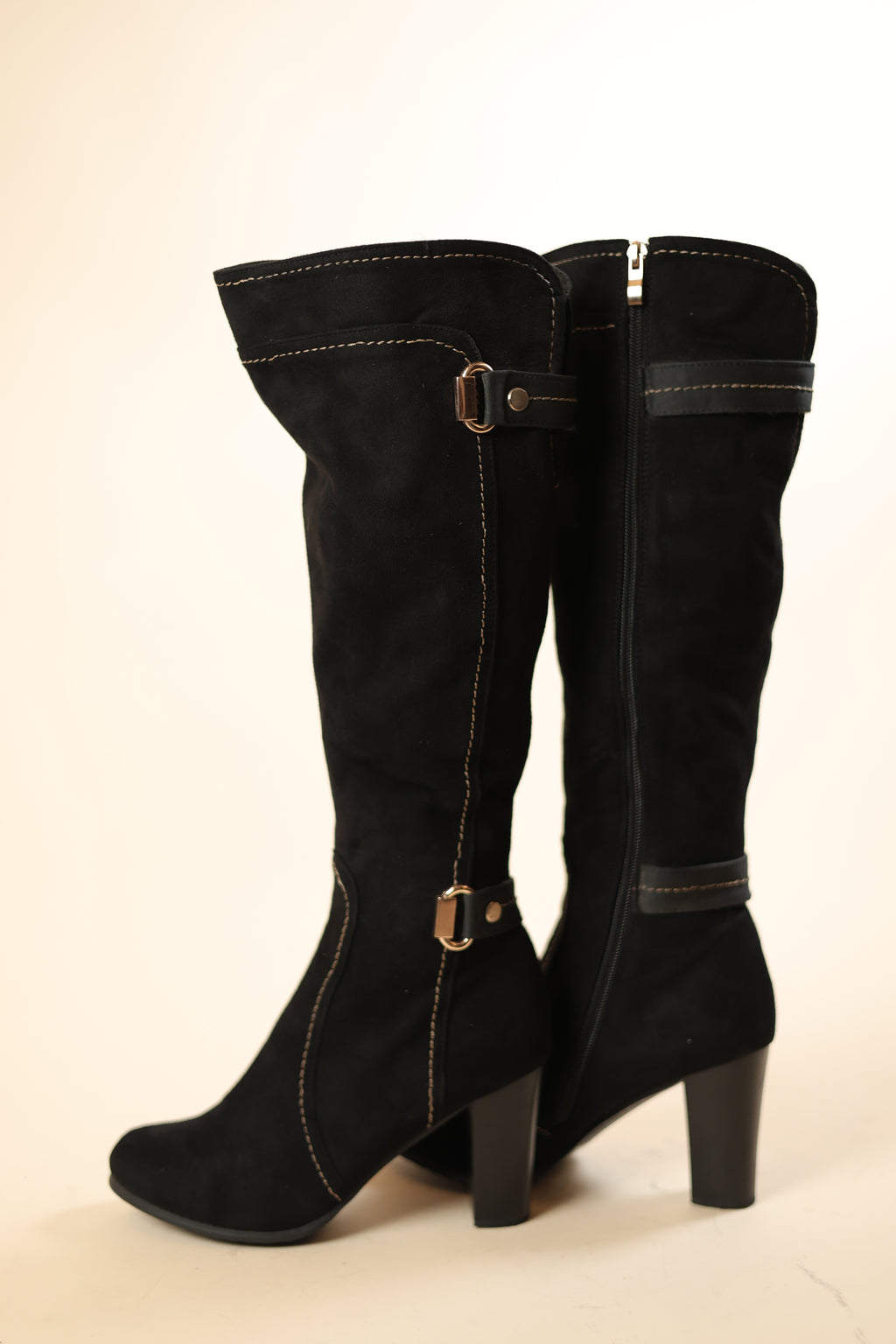 Elegant Black Suede Knee-High Boots with Block Heels