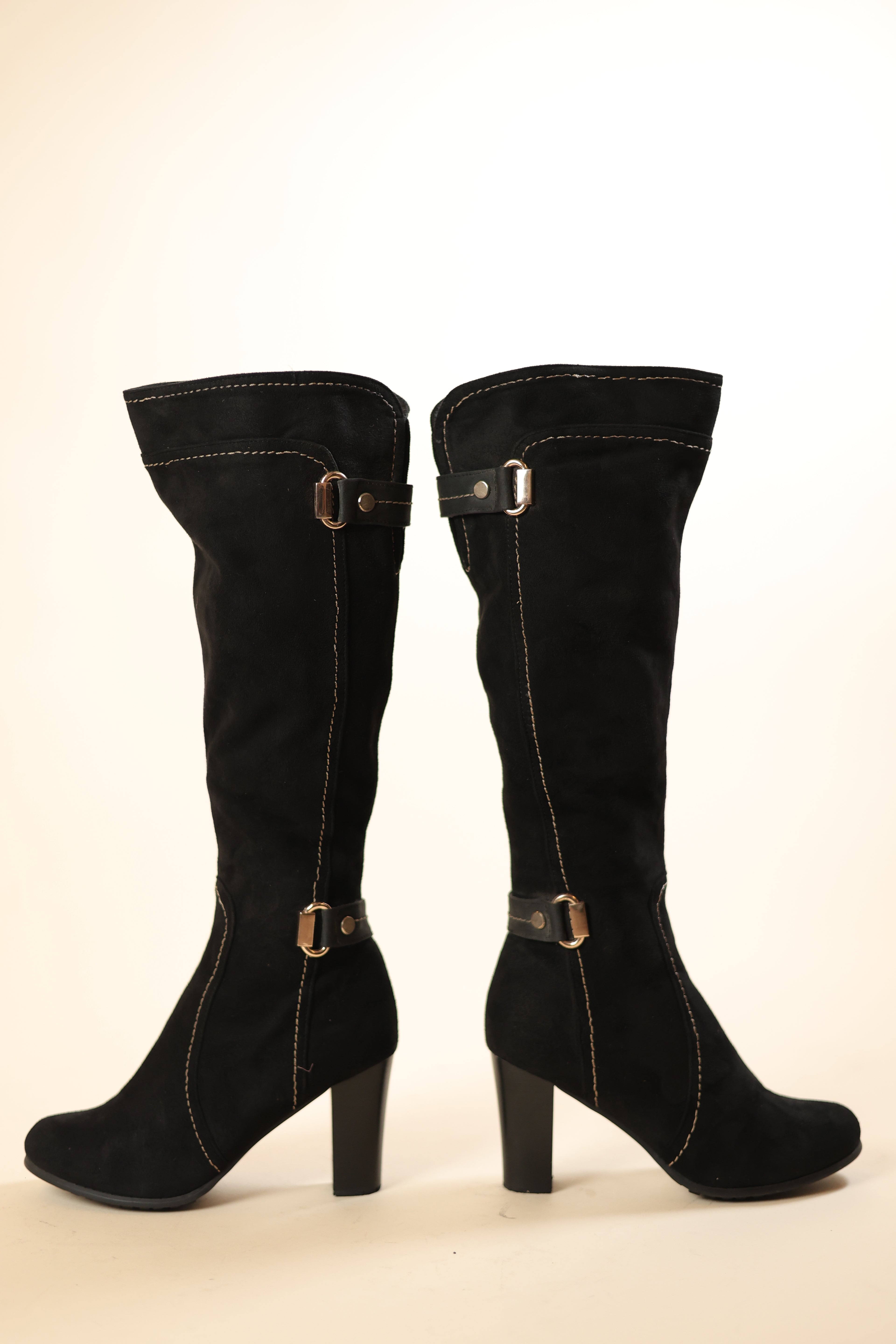 Elegant Black Suede Knee-High Boots with Block Heels