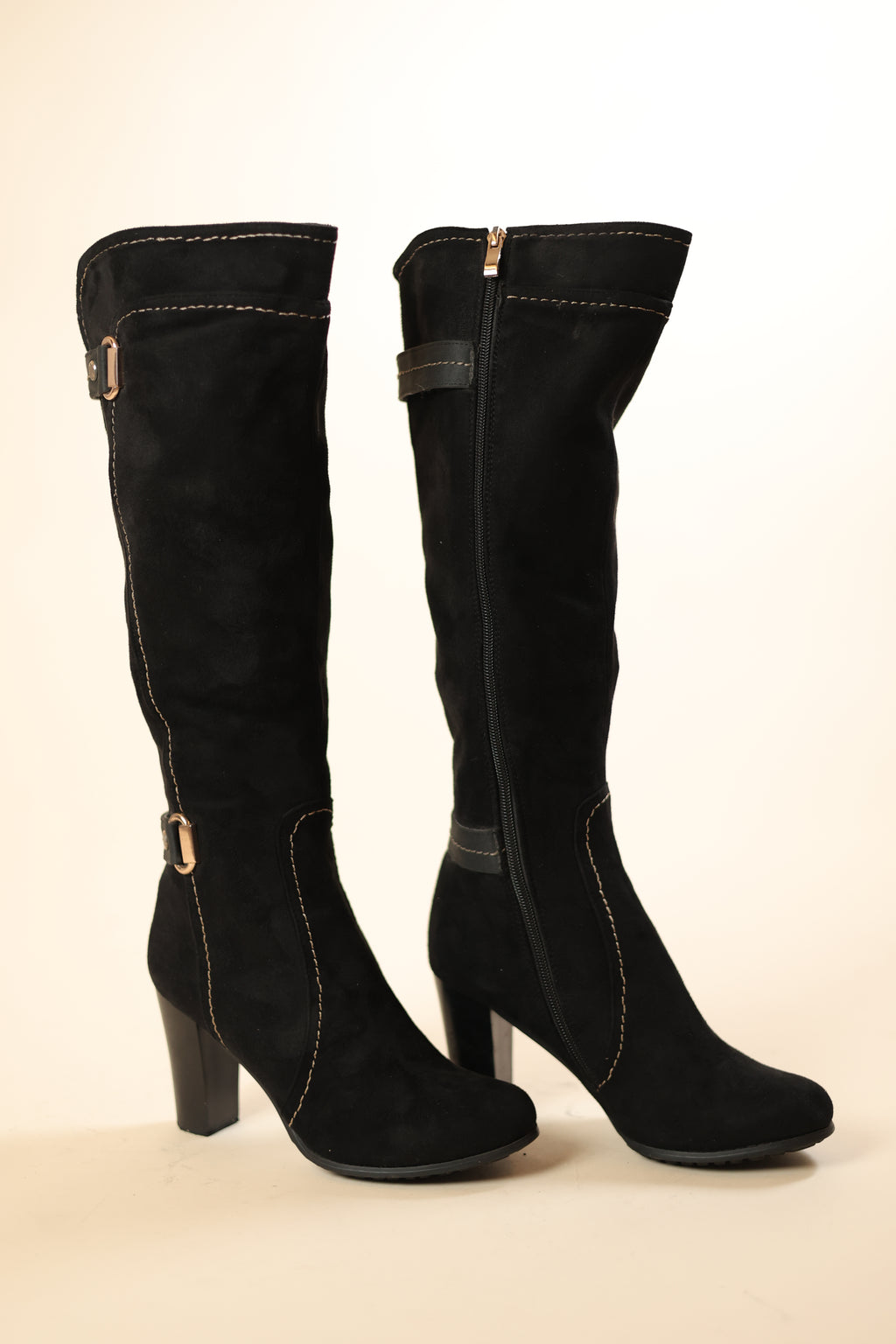 Elegant Black Suede Knee-High Boots with Block Heels