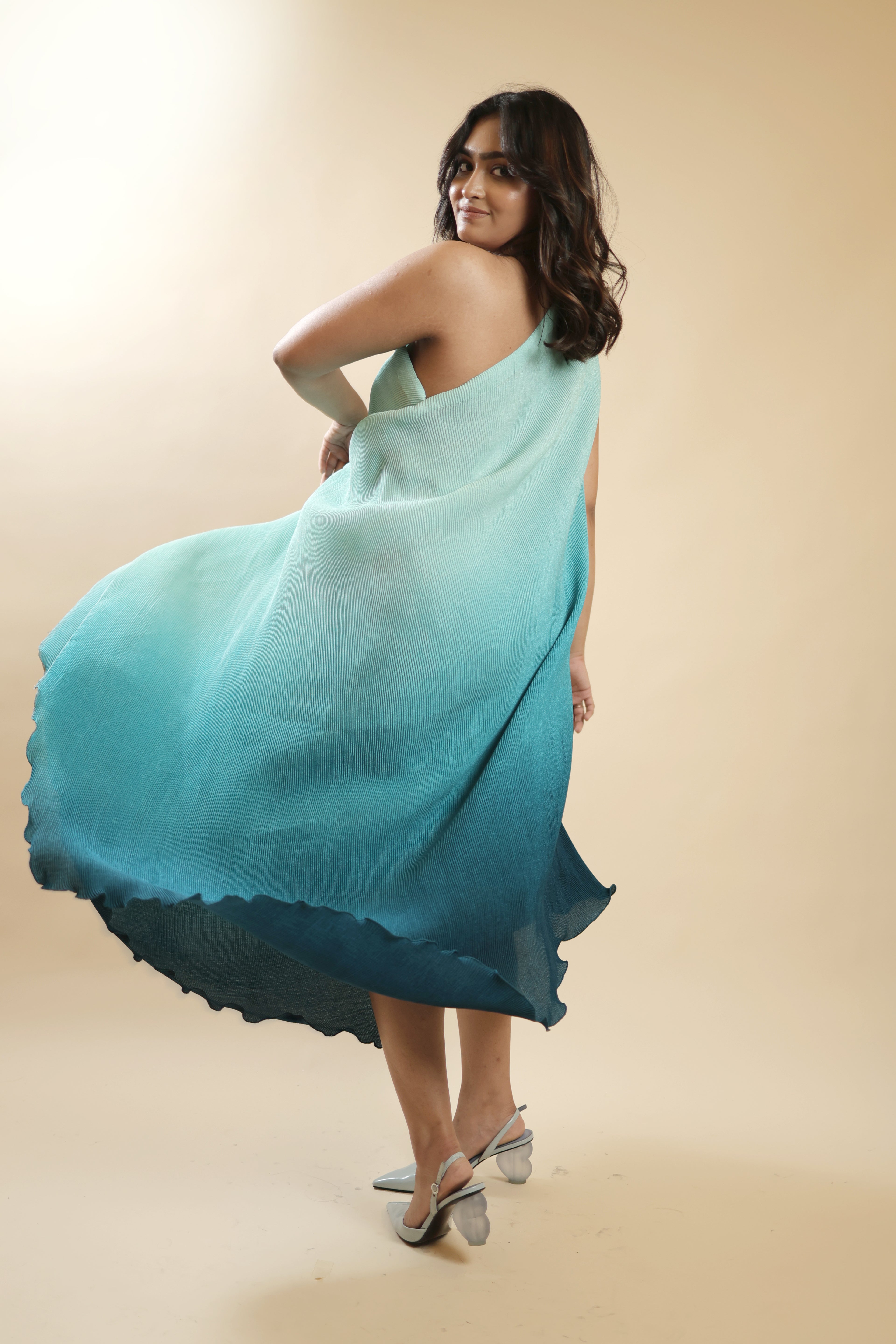 Teal Ombre One-Shoulder Crush Party Gown