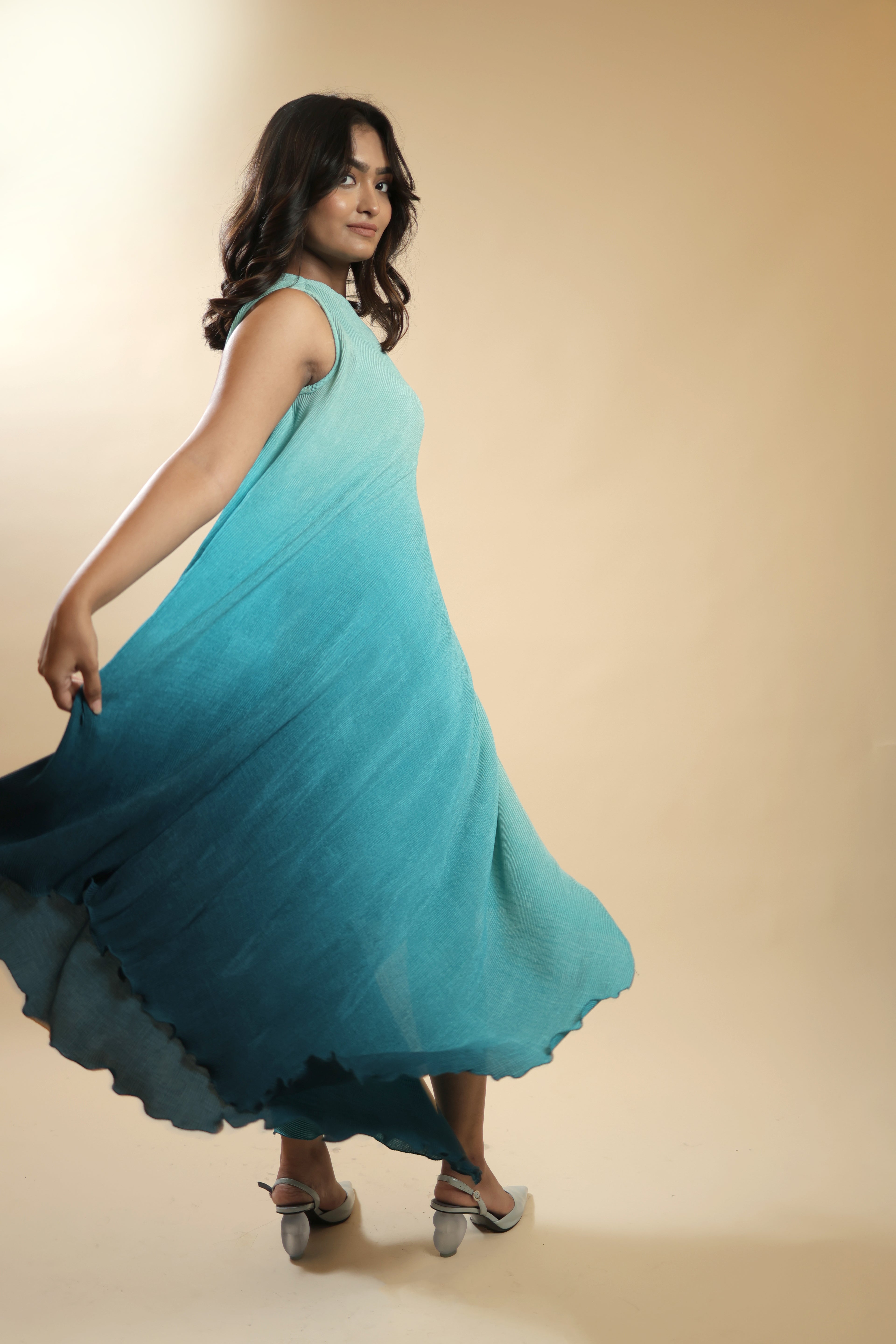 Teal Ombre One-Shoulder Crush Party Gown