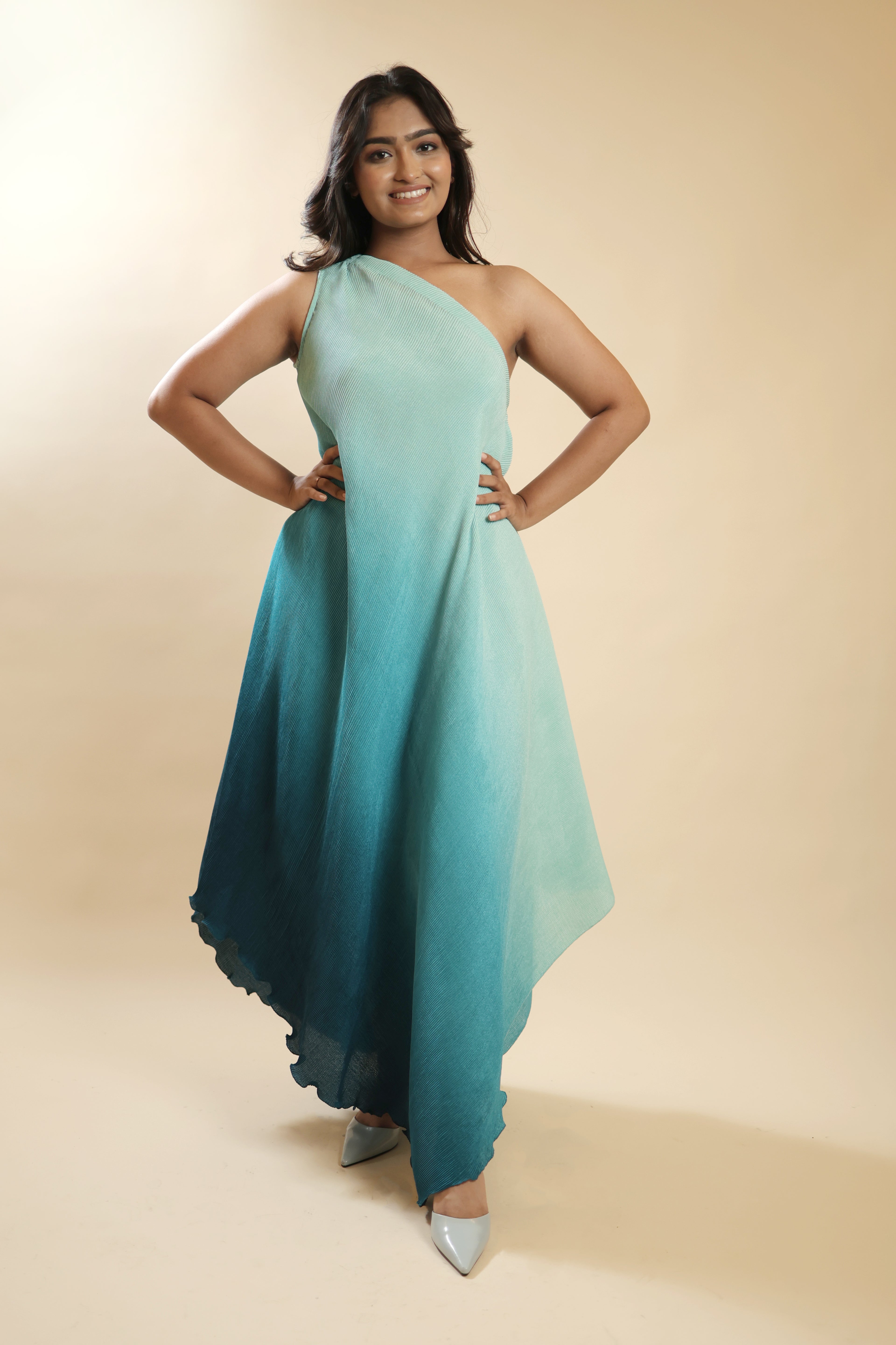 Teal Ombre One-Shoulder Crush Party Gown