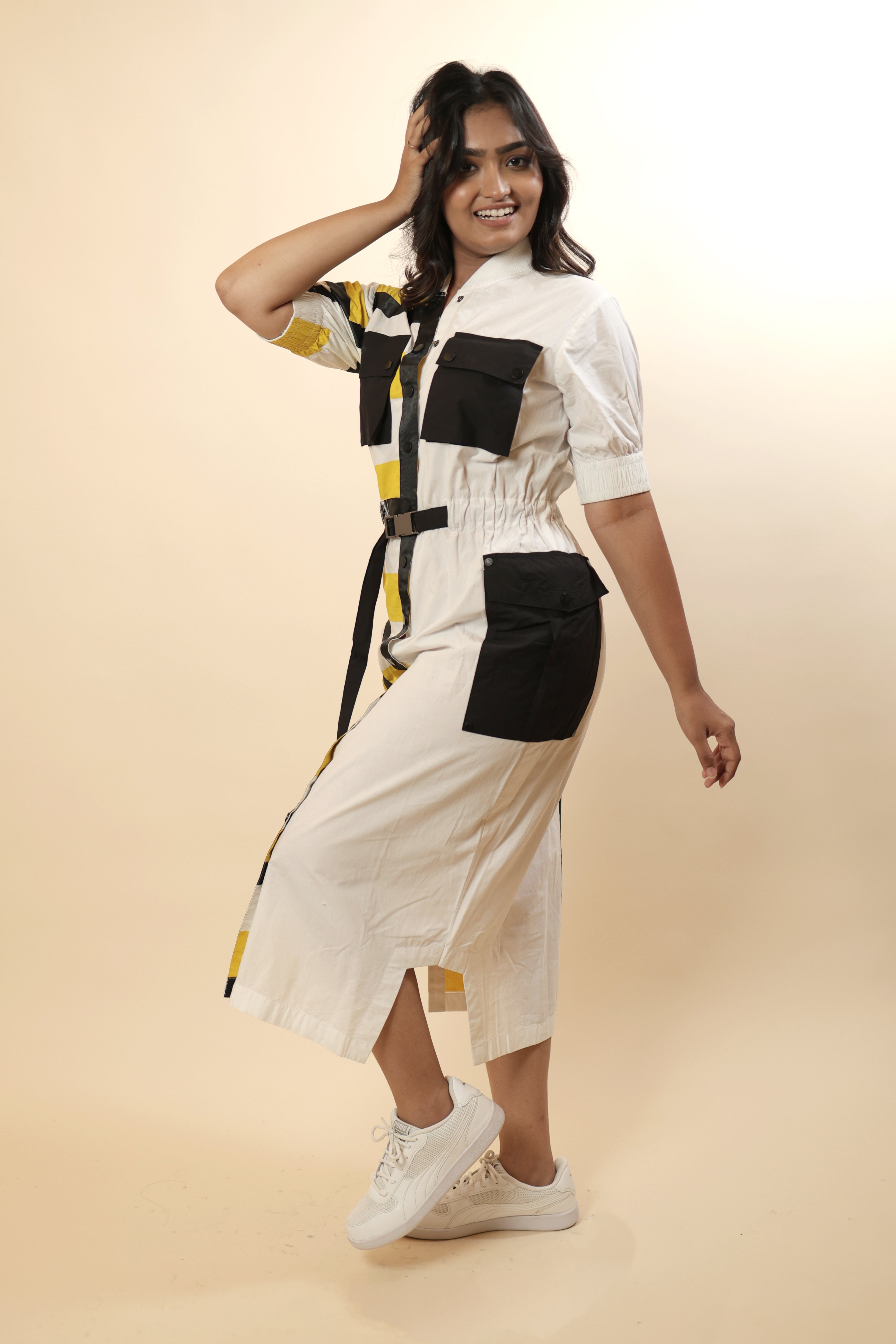 White Casual Shirt Dress with Attached Belt