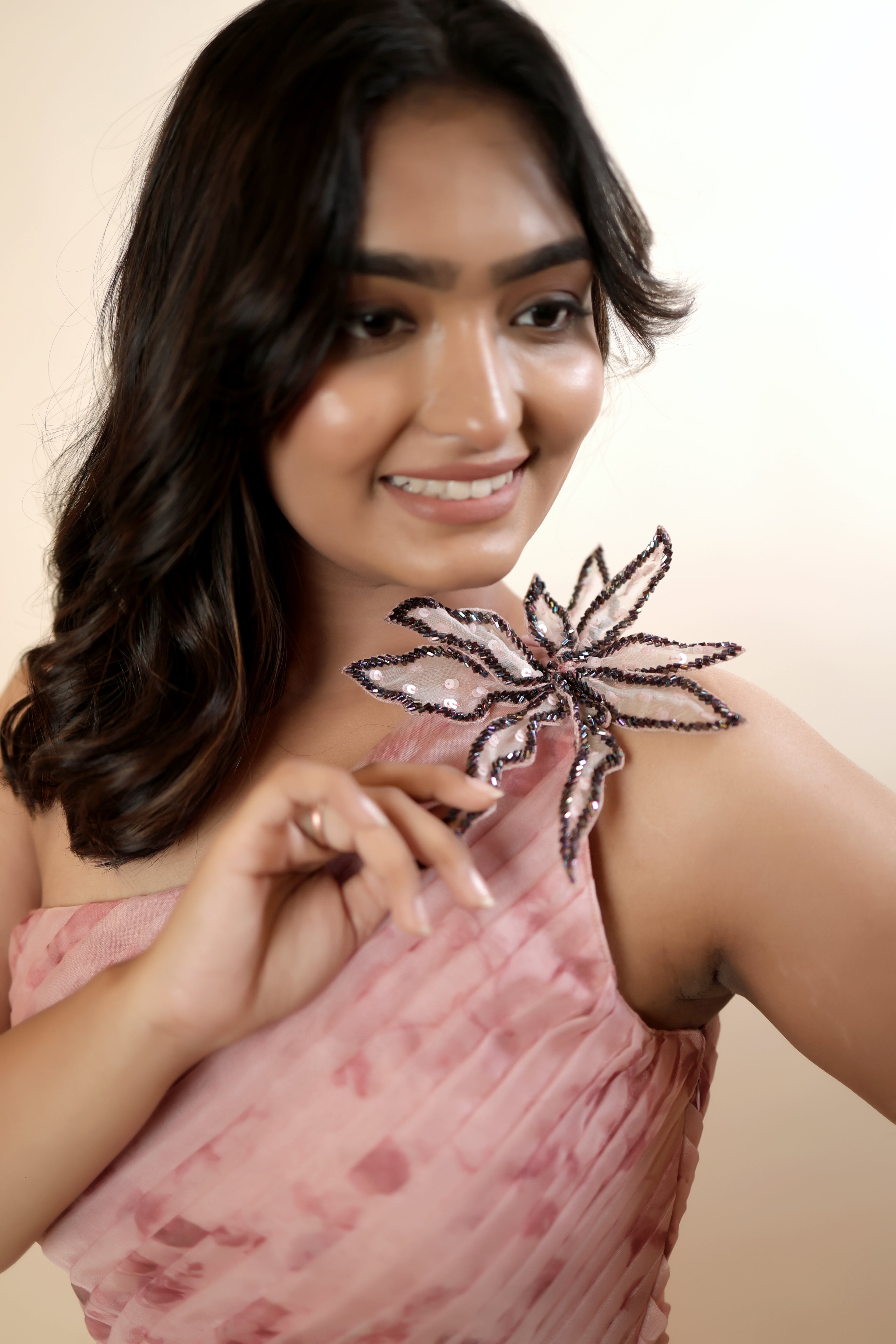 Blush Bloom One-Shoulder Organza Evening Gown