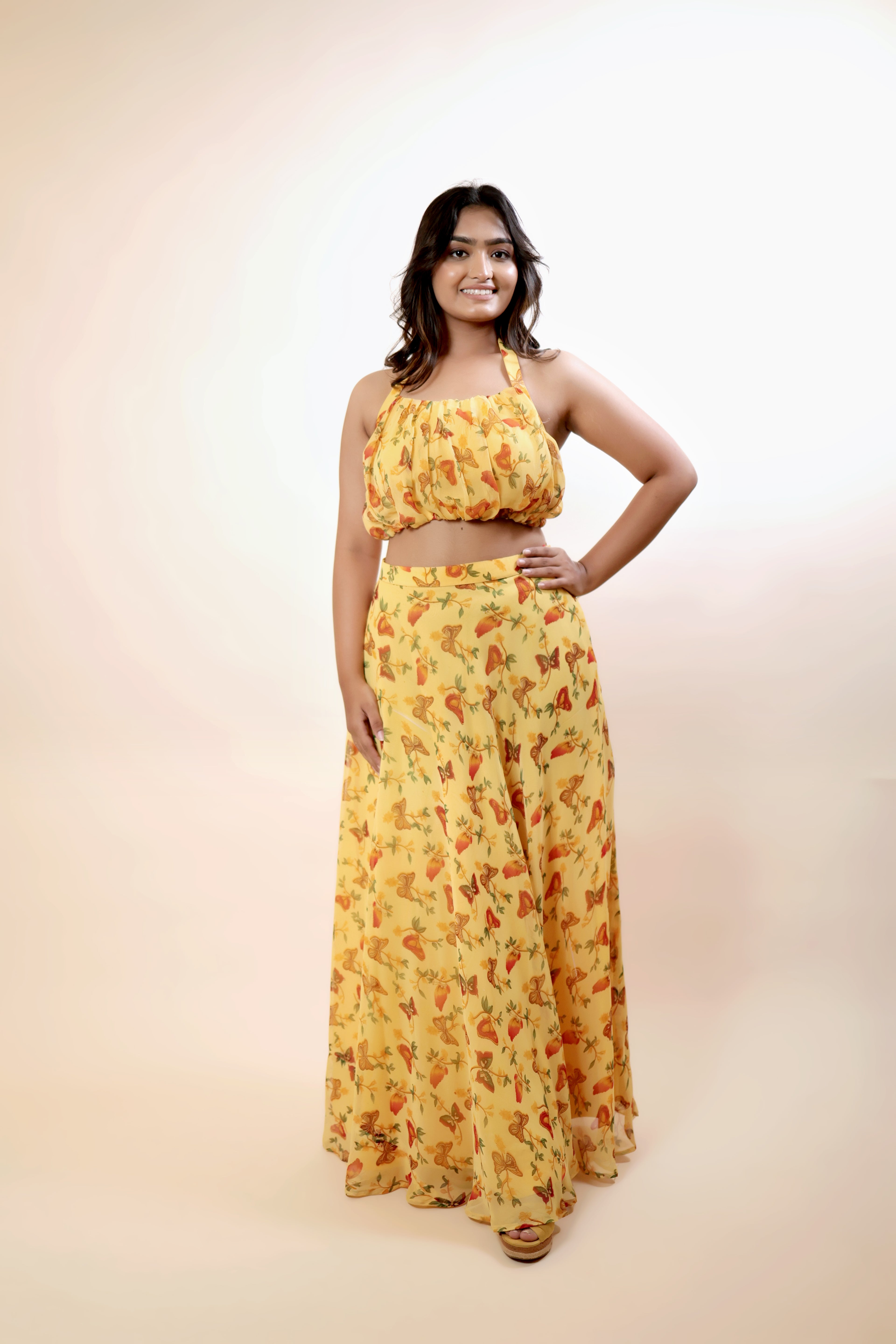 Retro Yellow Printed Top & Skirt Co-Ord Set