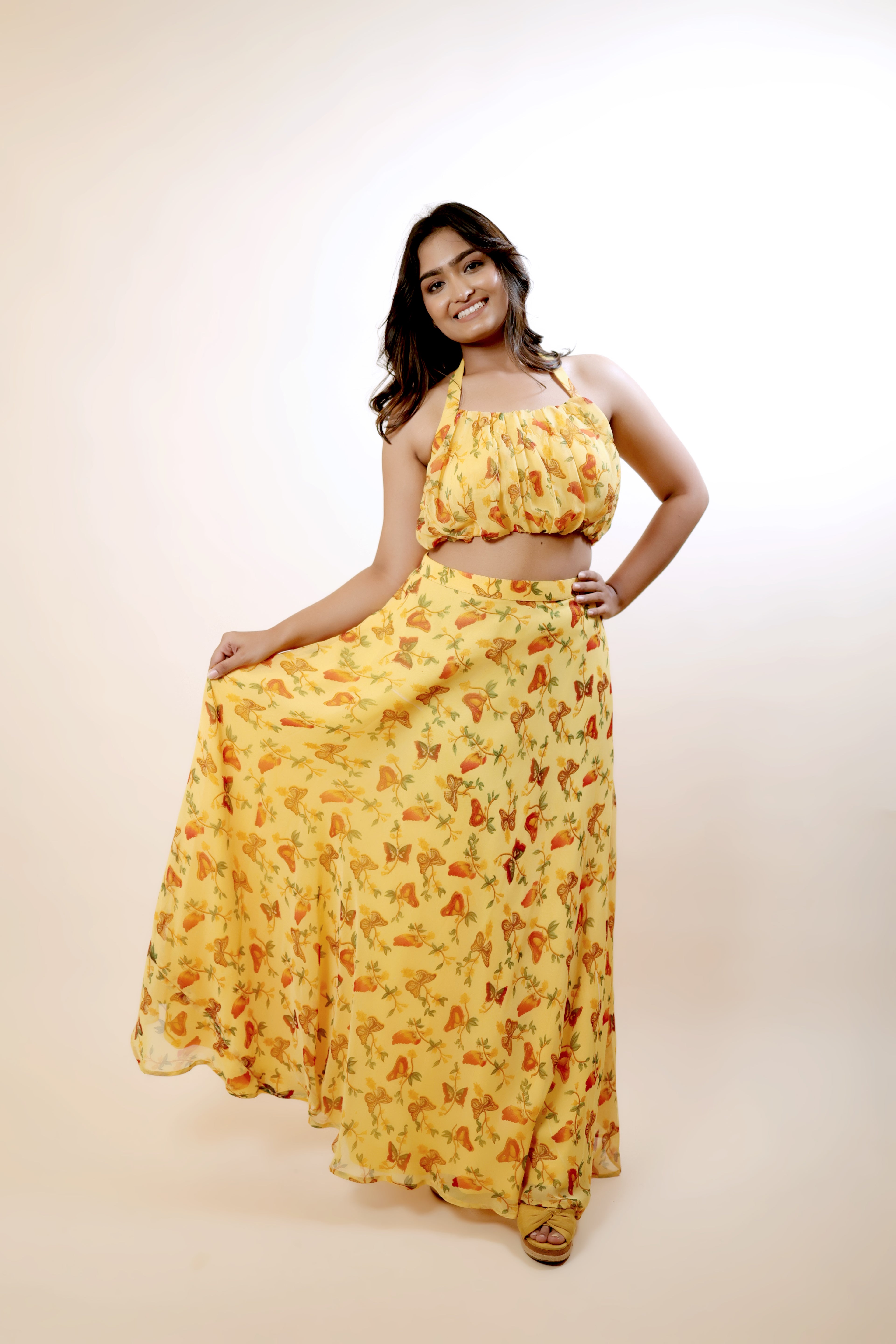 Retro Yellow Printed Top & Skirt Co-Ord Set