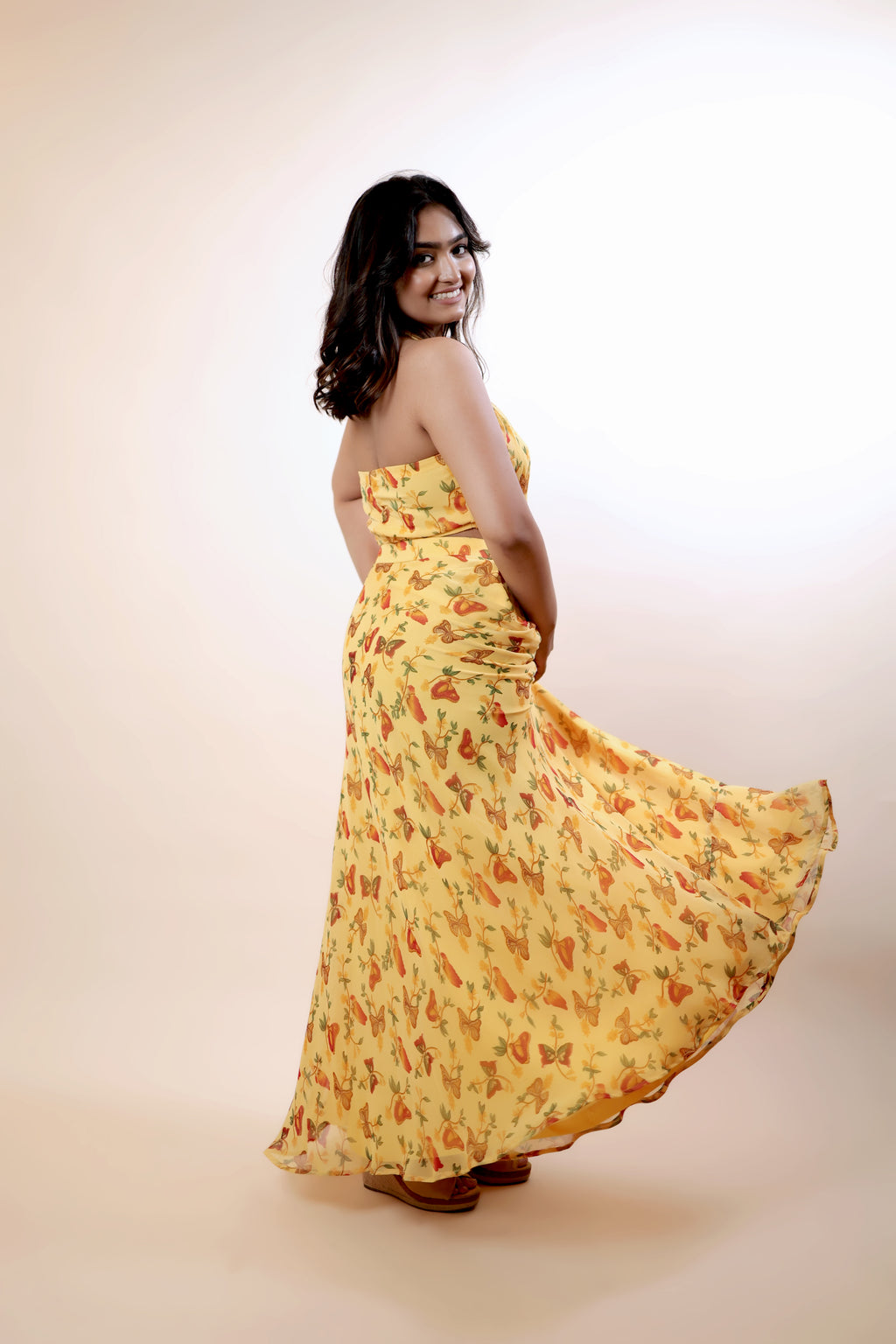 Retro Yellow Printed Top & Skirt Co-Ord Set