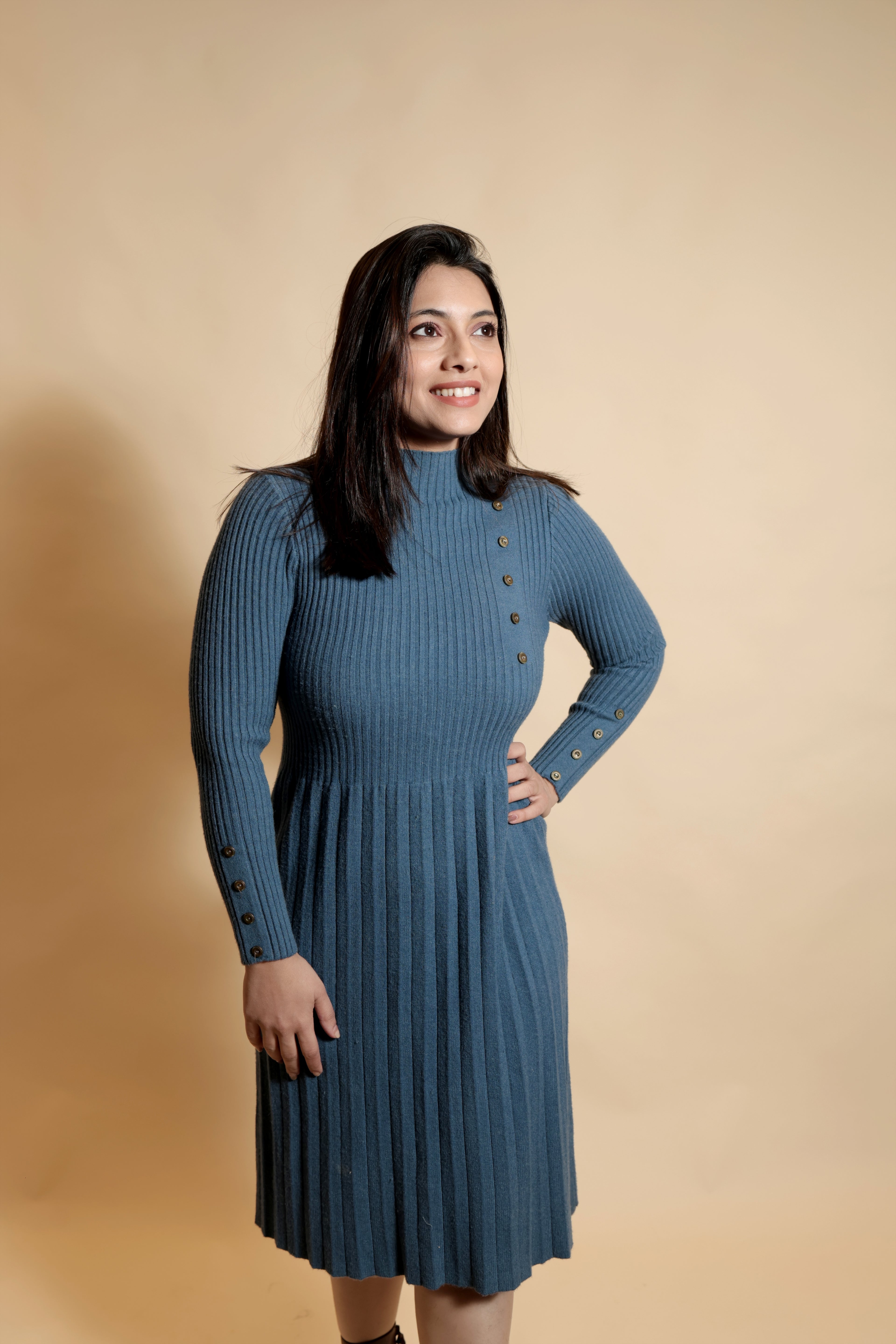 Women’s Blue Stretchable High-Neck Full-Sleeve Knee-Length