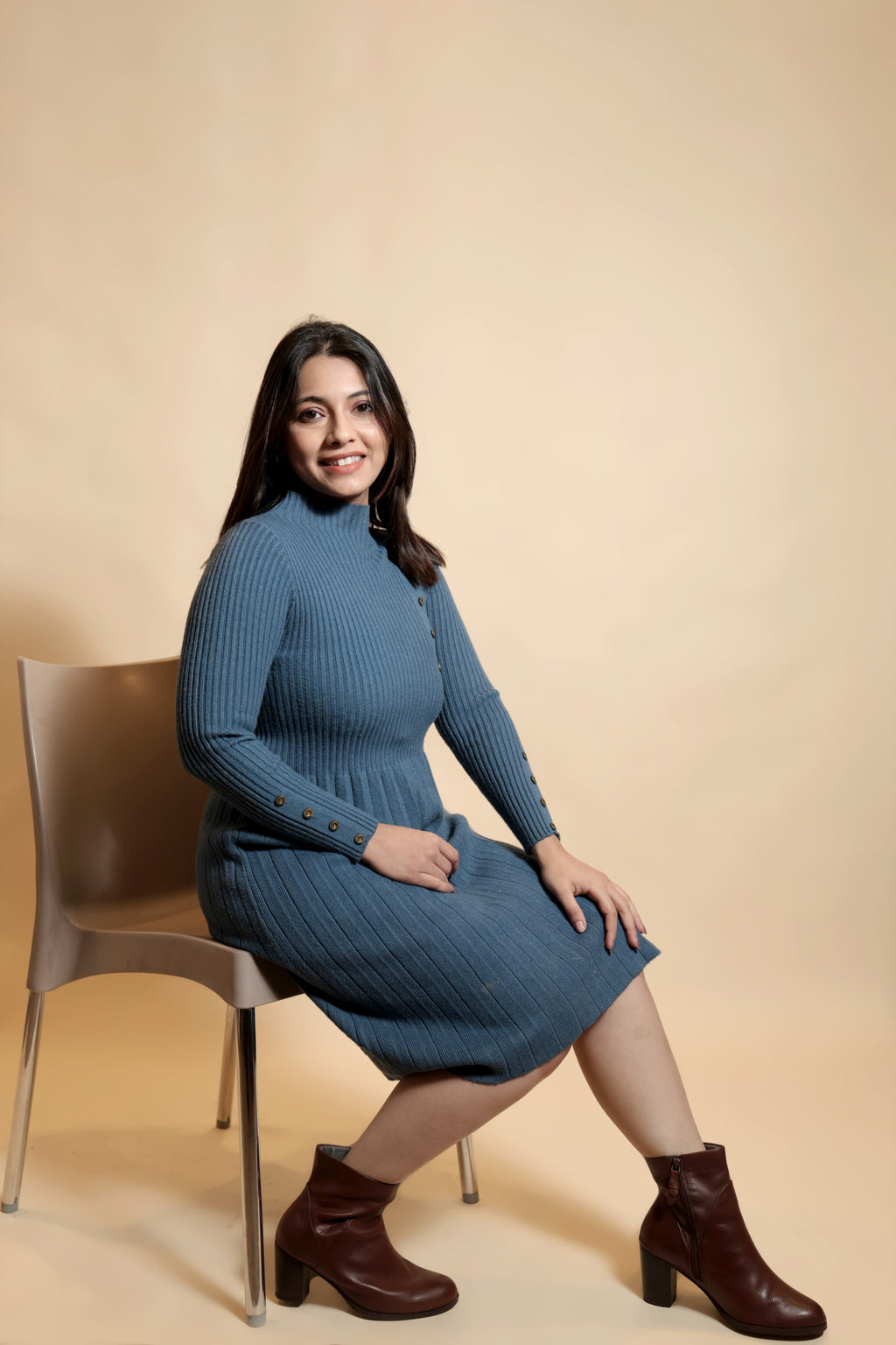 Women’s Blue Stretchable High-Neck Full-Sleeve Knee-Length