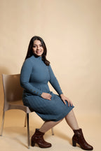 Women’s Blue Stretchable High-Neck Full-Sleeve Knee-Length