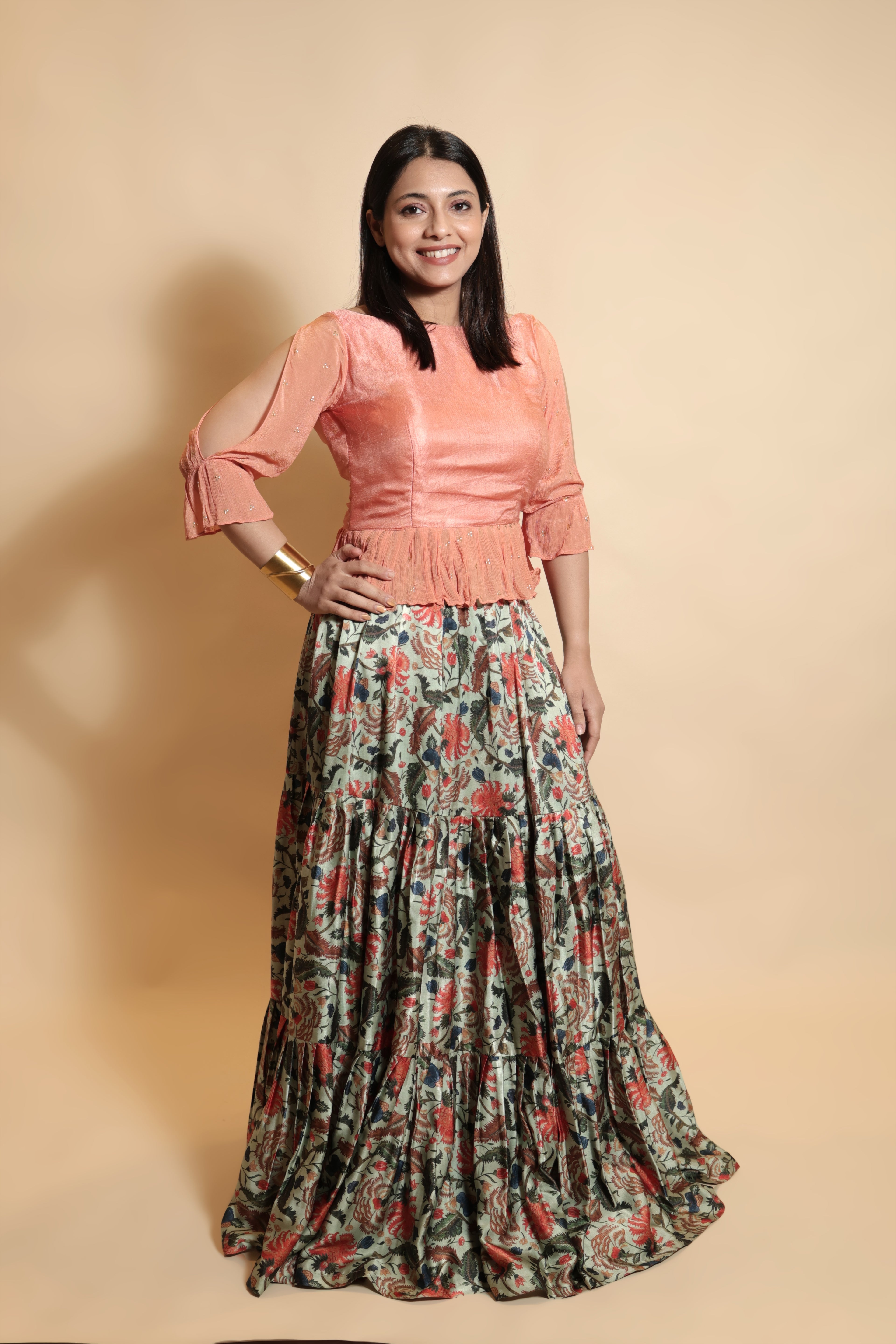 Cropped Padded Top with Butti Work & Gaji Silk Skirt