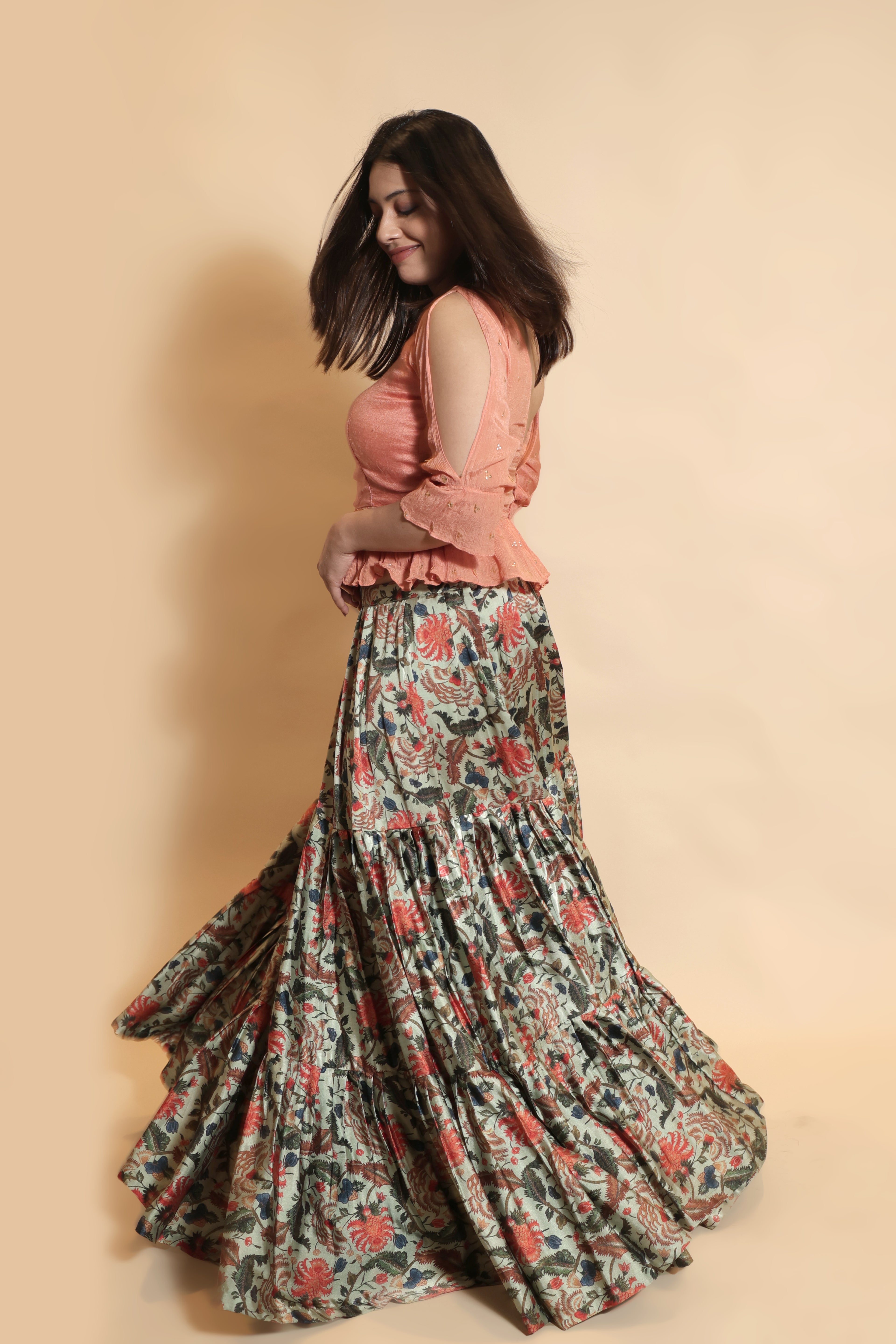 Cropped Padded Top with Butti Work & Gaji Silk Skirt