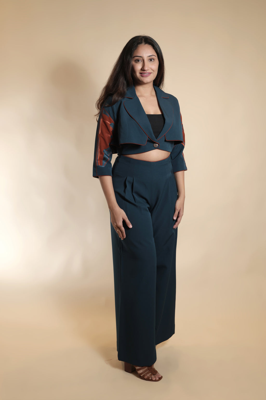 Cropped Blazer with Patch Work Sleeves Co-ord Set