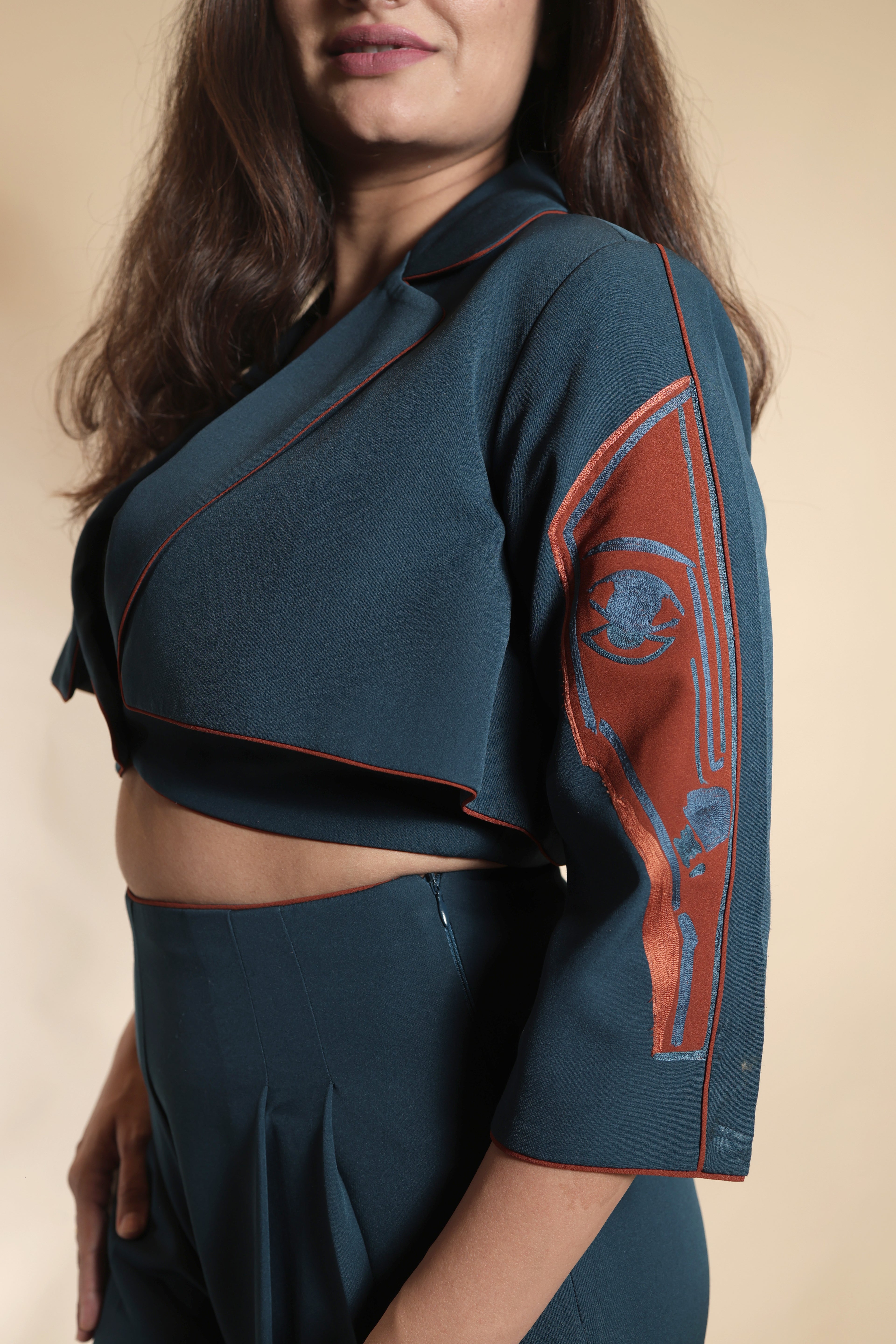 Cropped Blazer with Patch Work Sleeves Co-ord Set