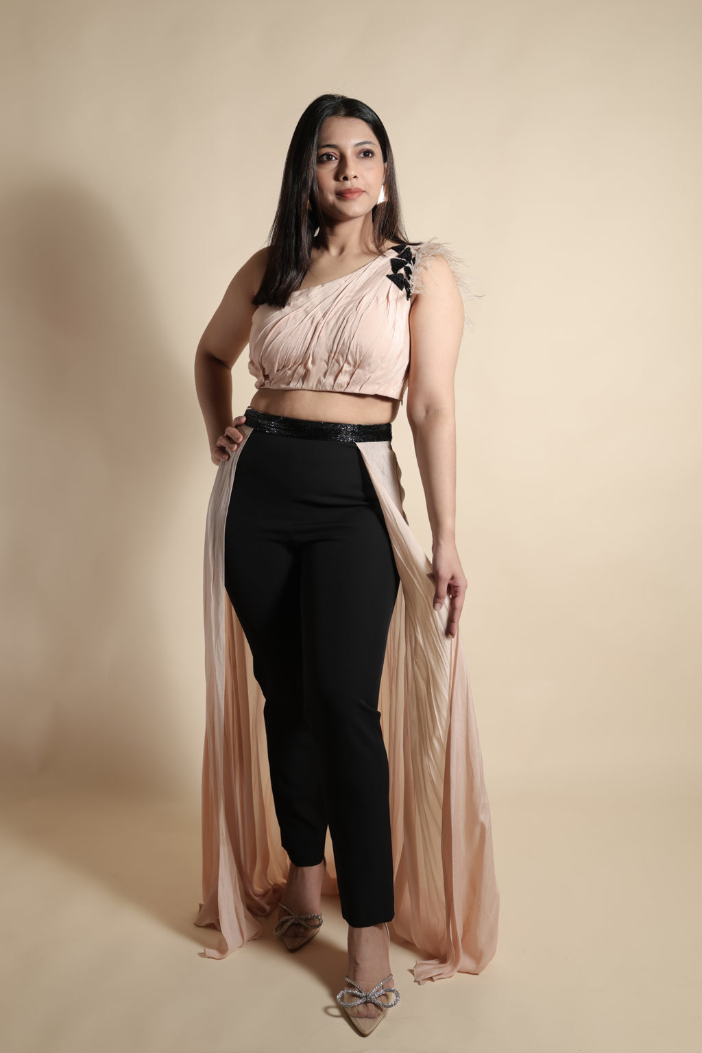 Asymmetric Top with Flowing Train and Slim Trousers