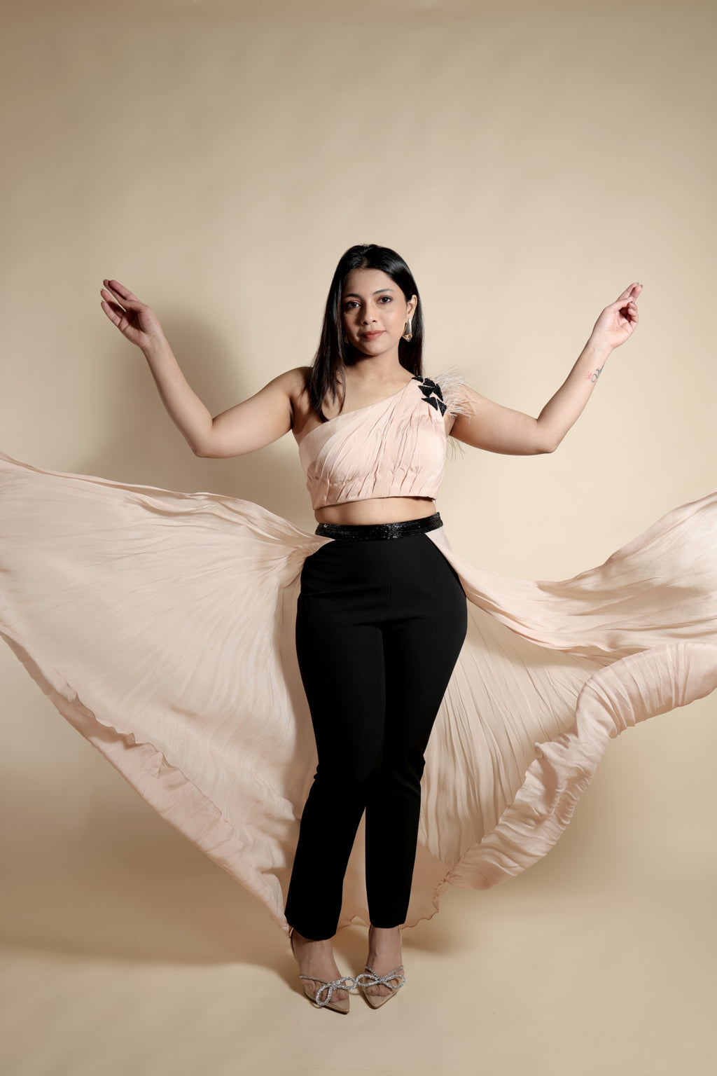 Asymmetric Top with Flowing Train and Slim Trousers