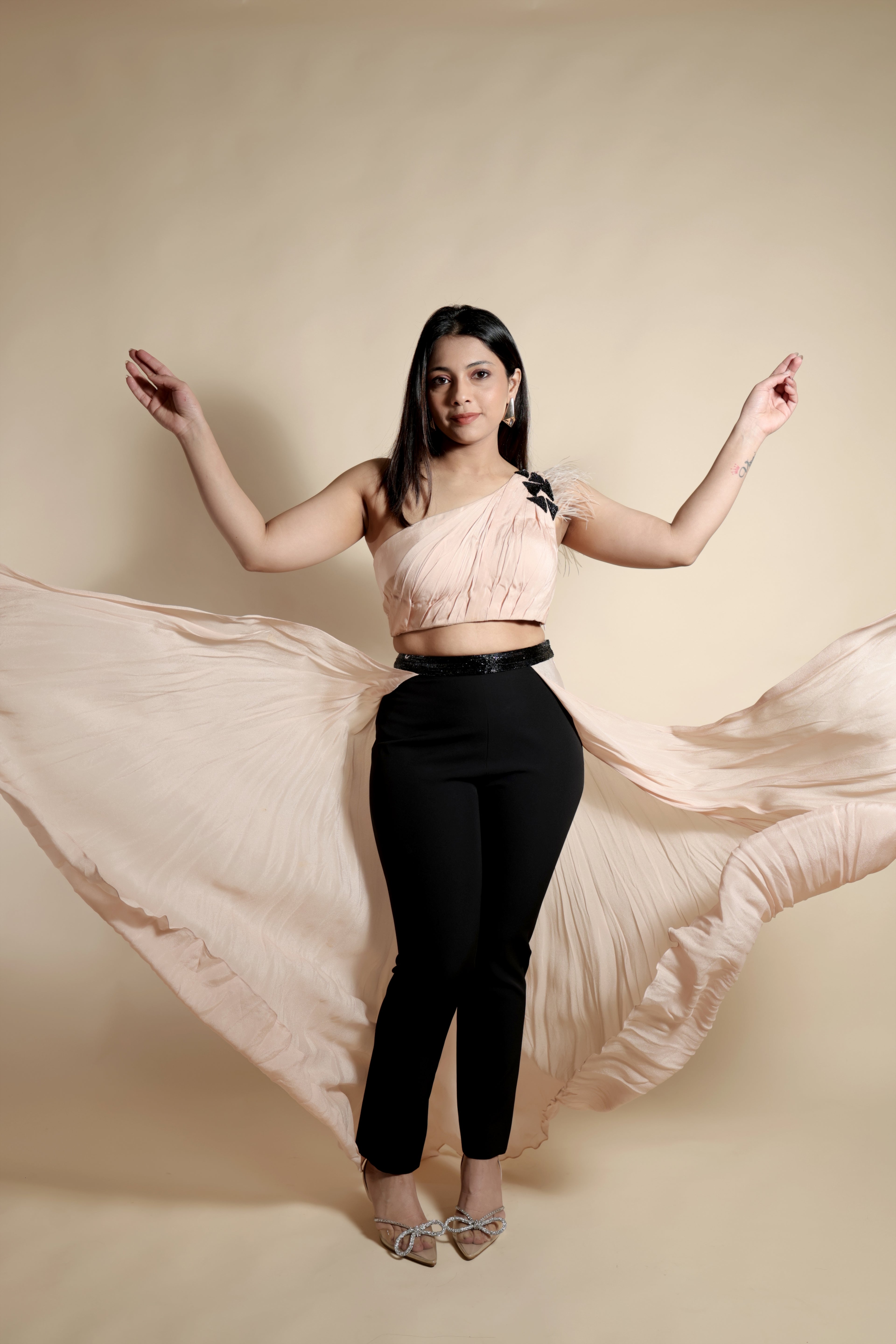 Asymmetric Top with Flowing Train and Slim Trousers