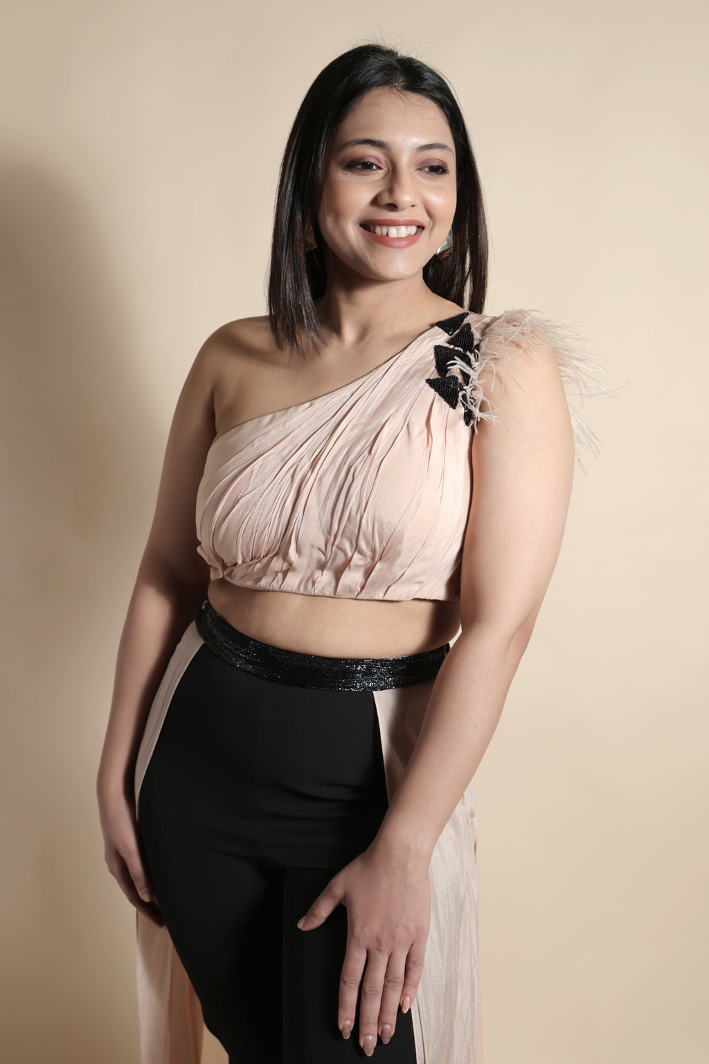 Asymmetric Top with Flowing Train and Slim Trousers