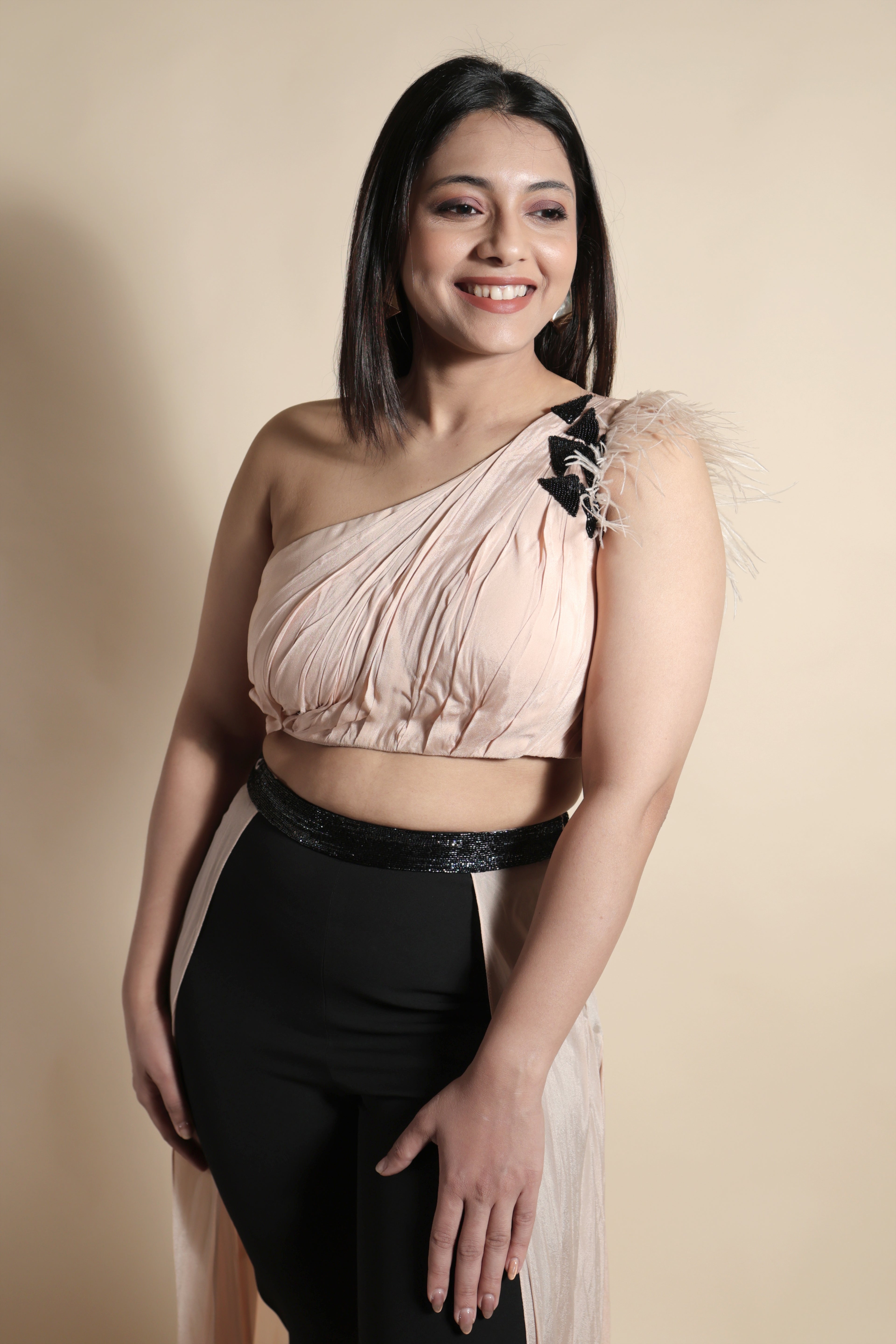 Asymmetric Top with Flowing Train and Slim Trousers