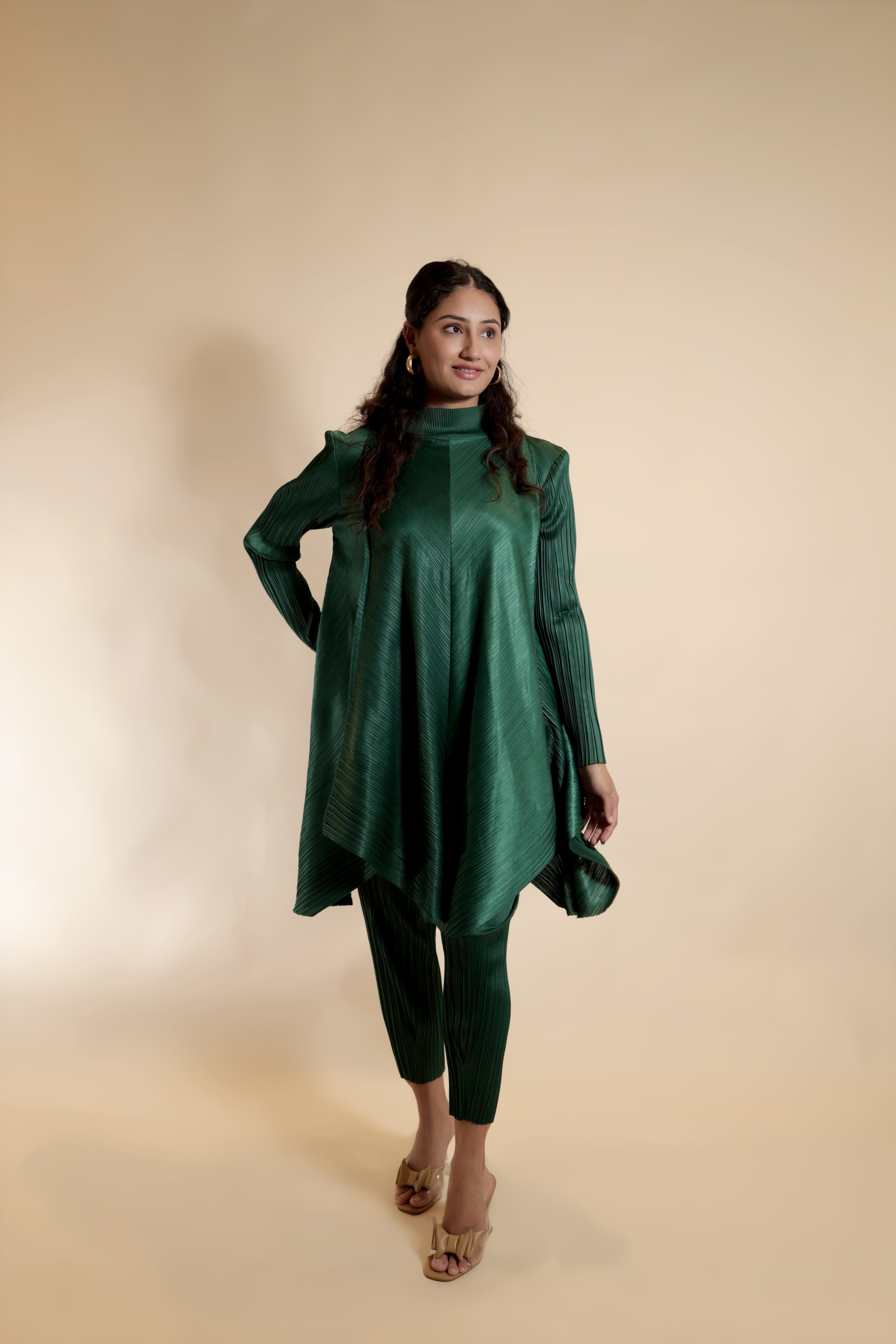 Elegant Pleated Green High-Neck Co-Ord