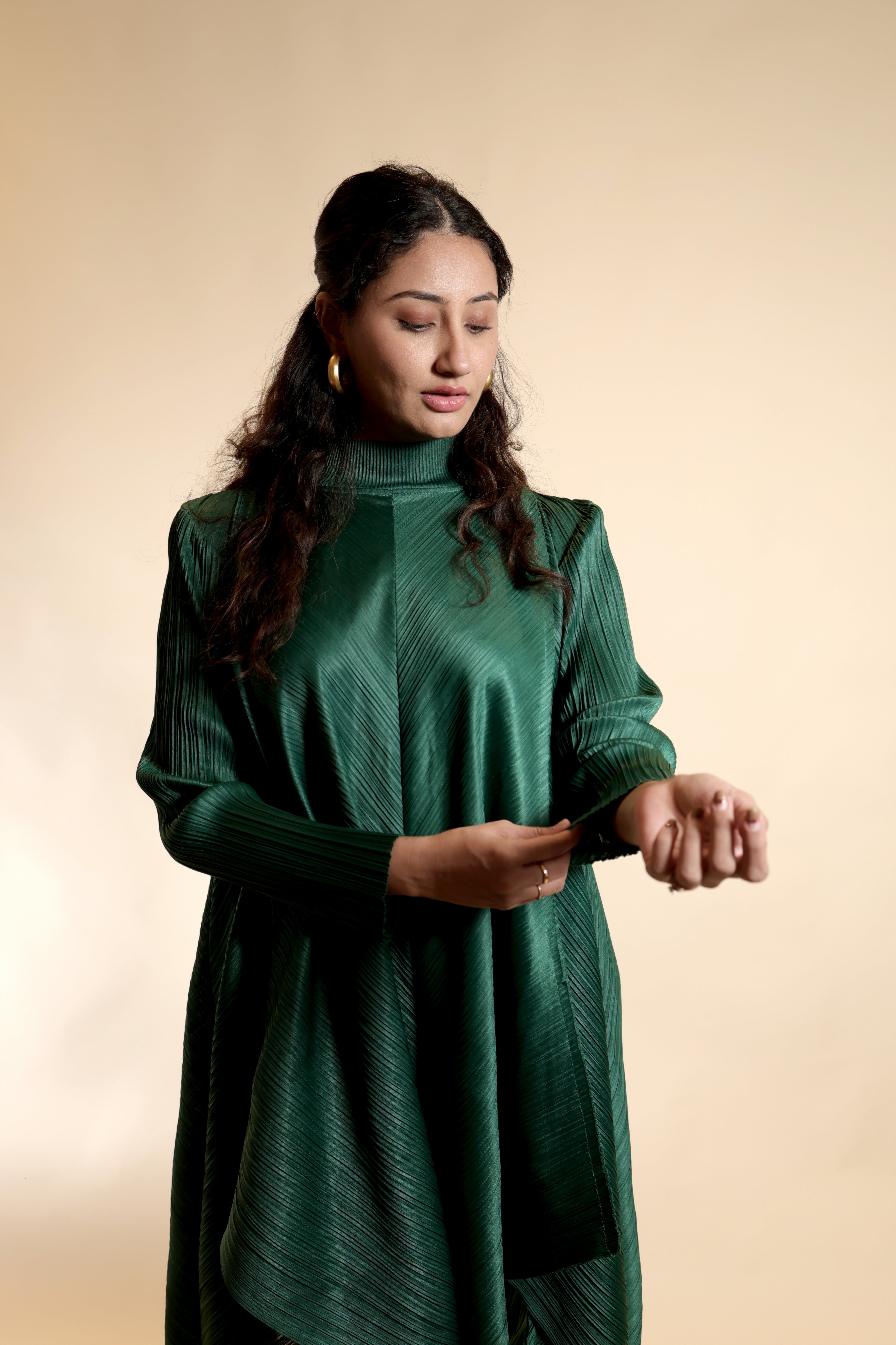 Elegant Pleated Green High-Neck Co-Ord