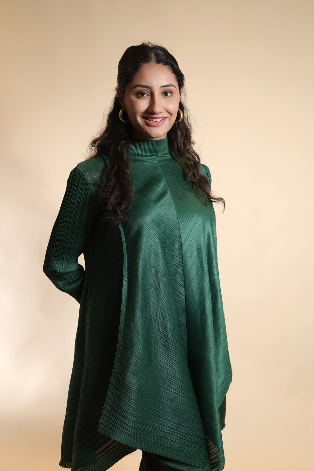 Elegant Pleated Green High-Neck Co-Ord