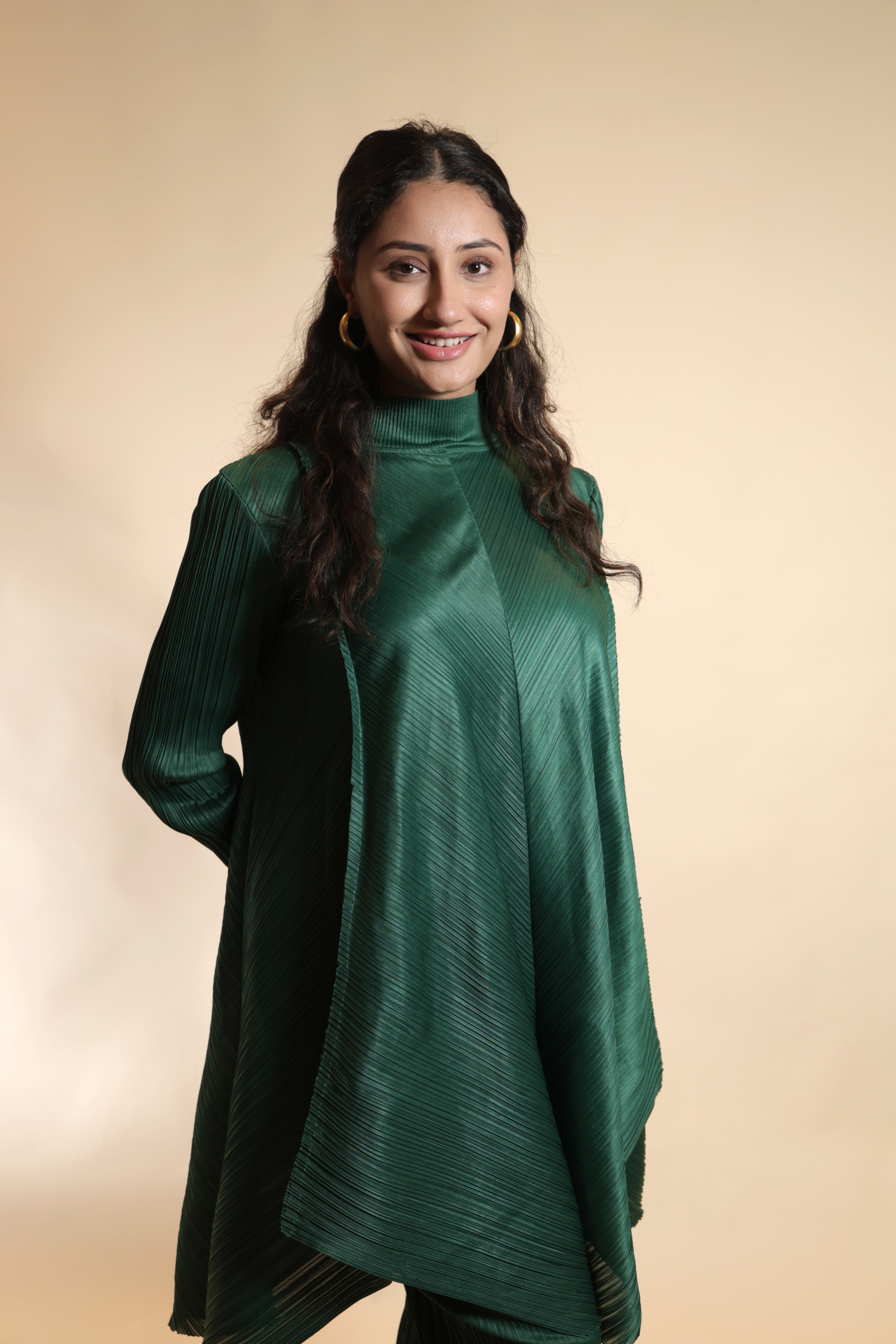 Elegant Pleated Green High-Neck Co-Ord