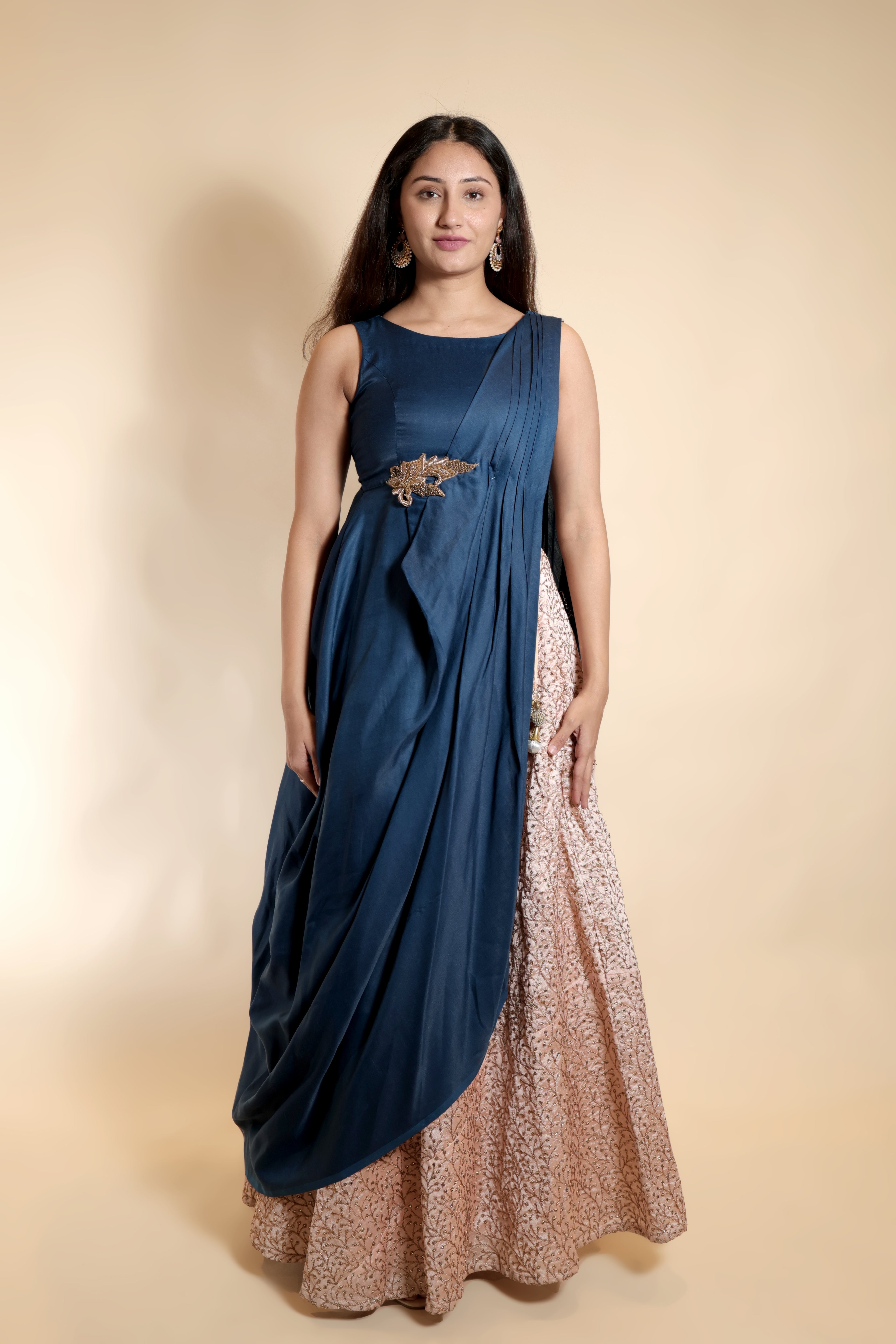 Long Designer Choli With Printed Blush Lehenga