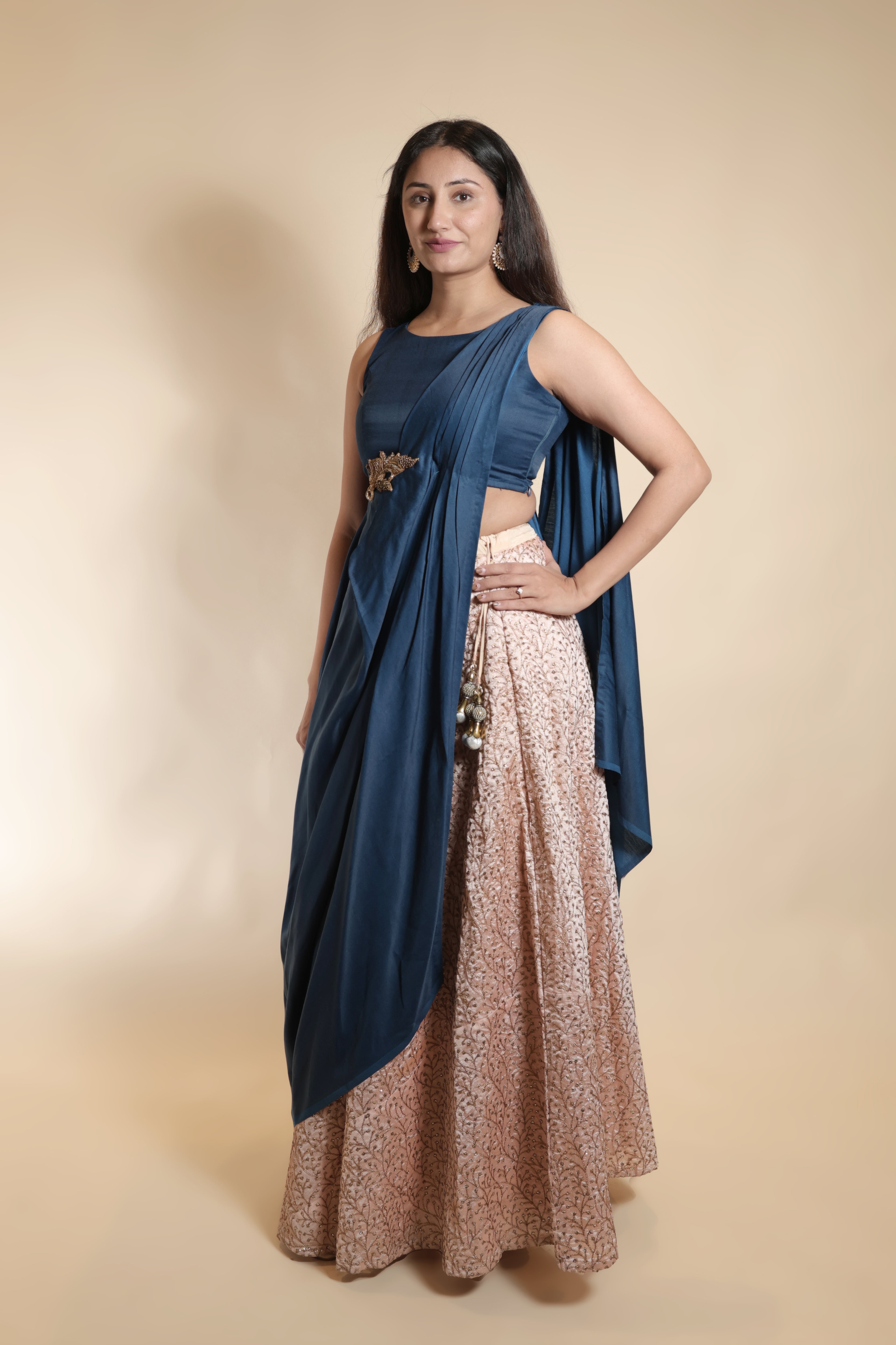 Long Designer Choli With Printed Blush Lehenga