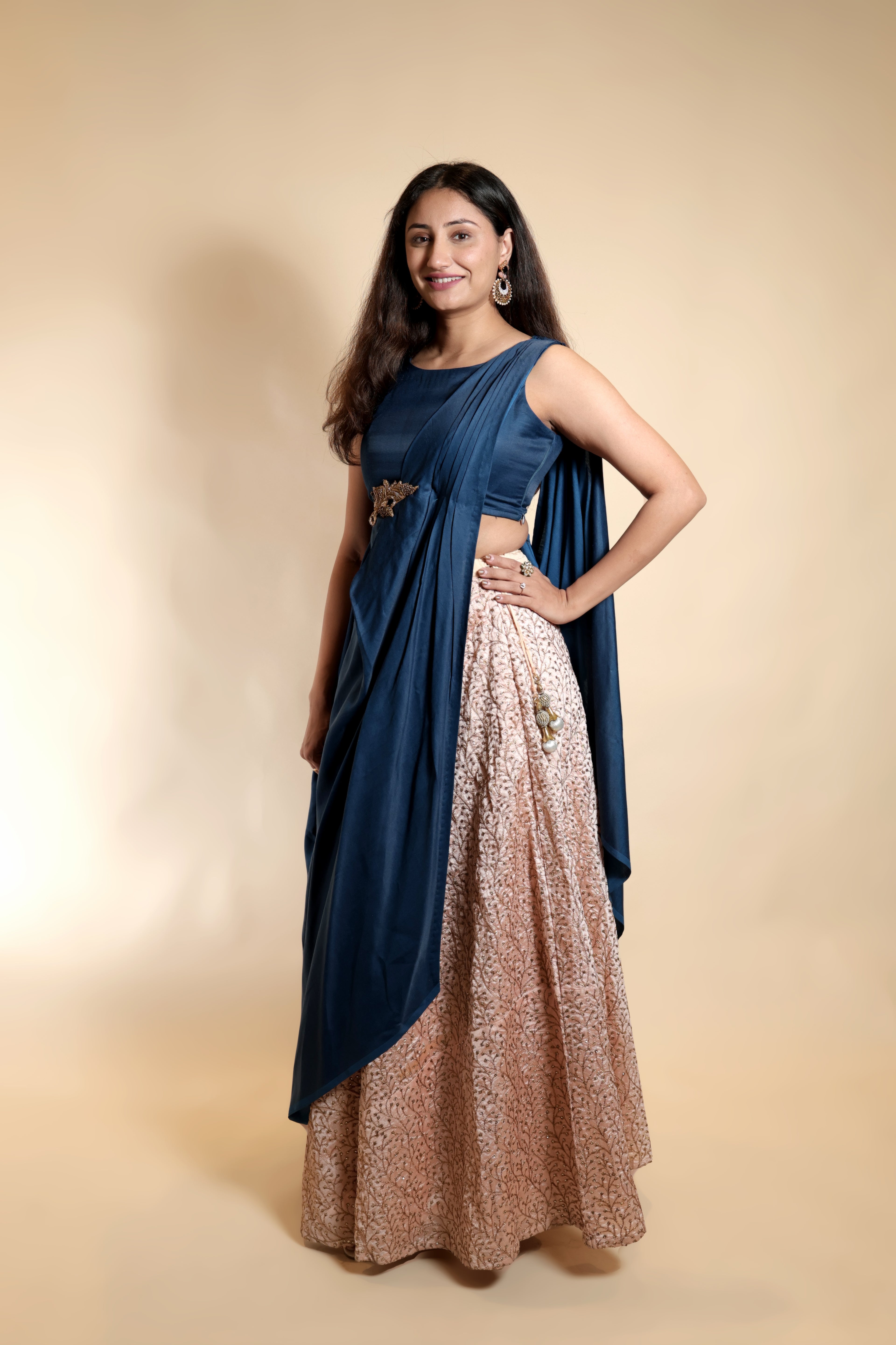 Long Designer Choli With Printed Blush Lehenga