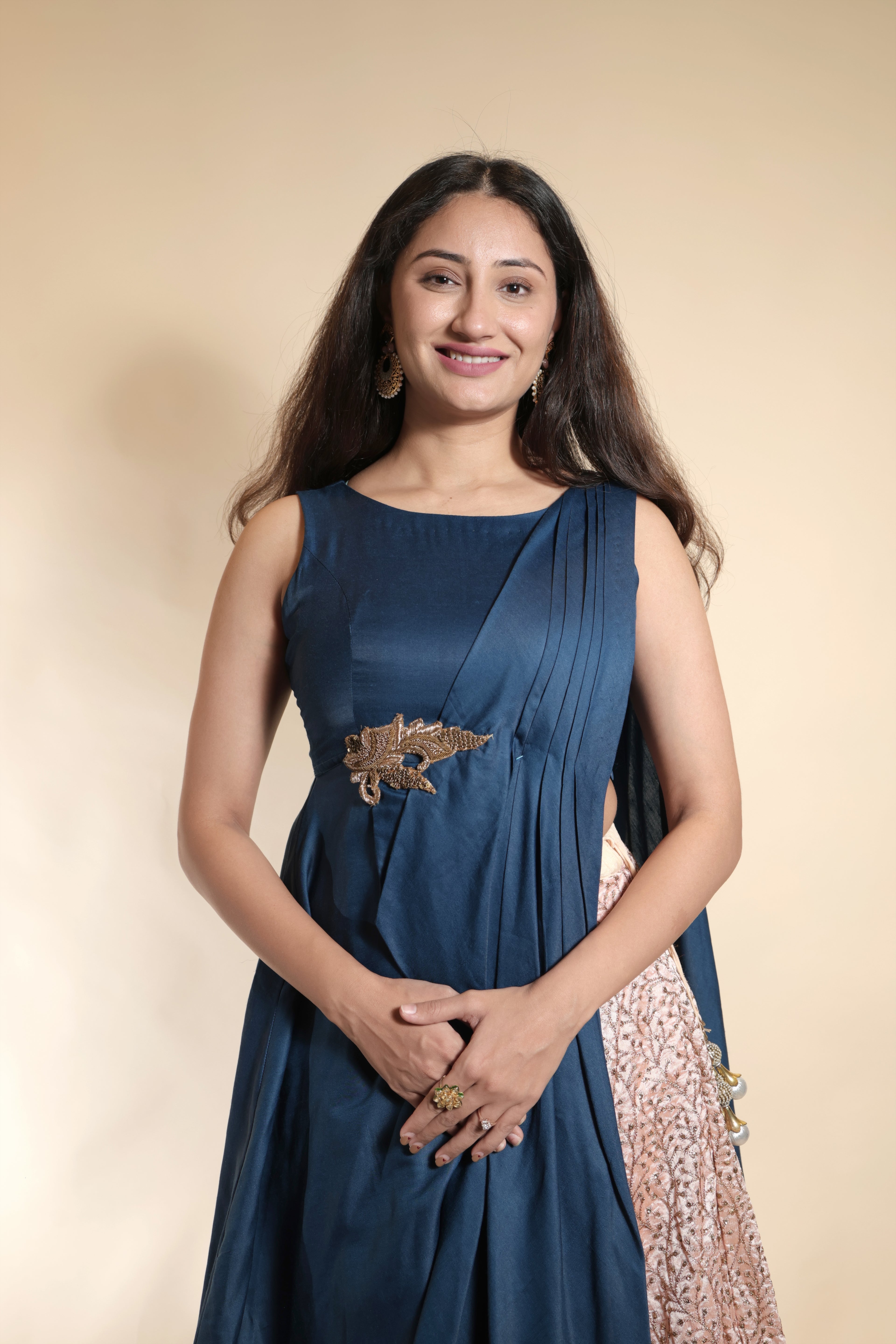 Long Designer Choli With Printed Blush Lehenga