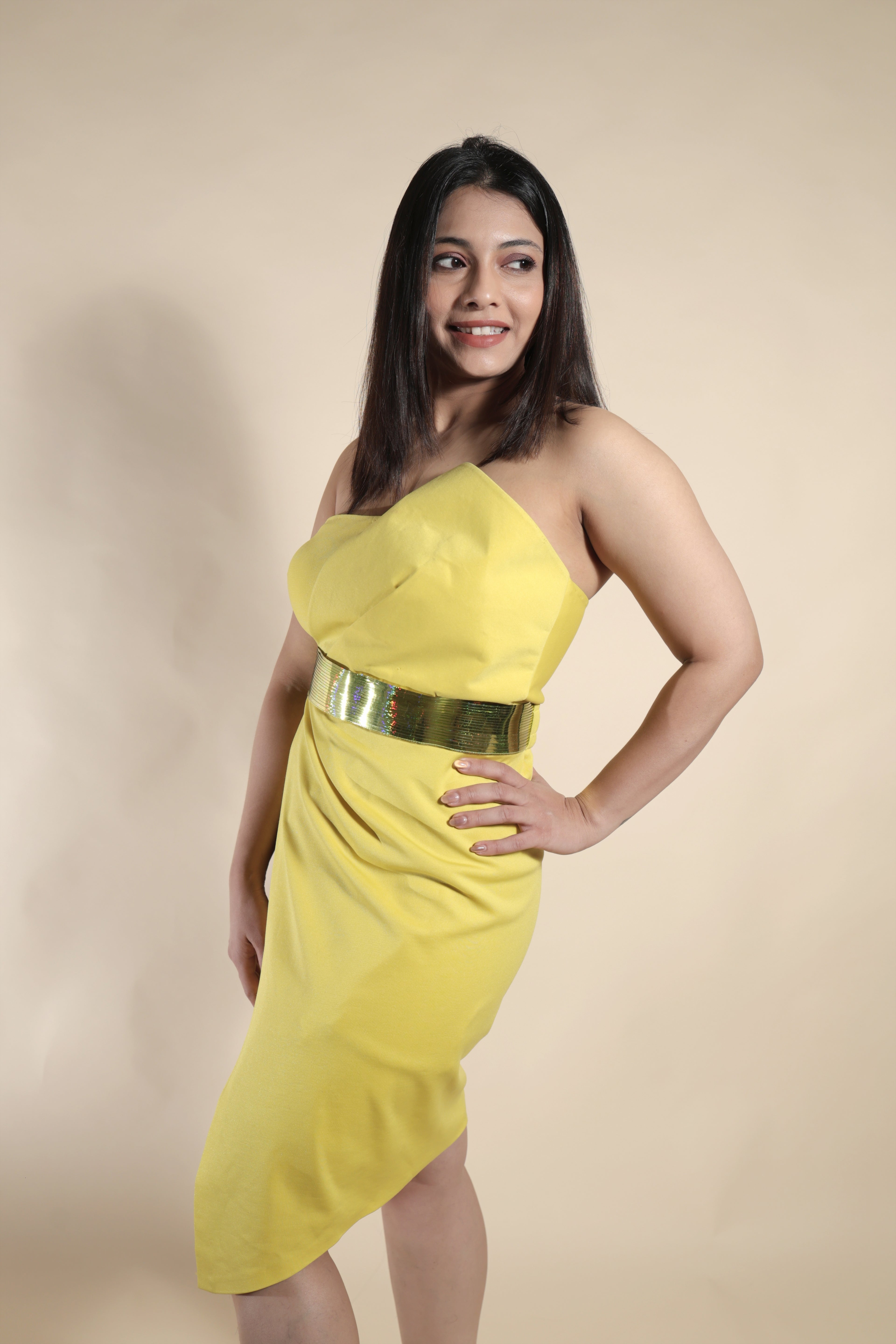 Elegant One-Shoulder Yellow Cocktail Dress With Belt