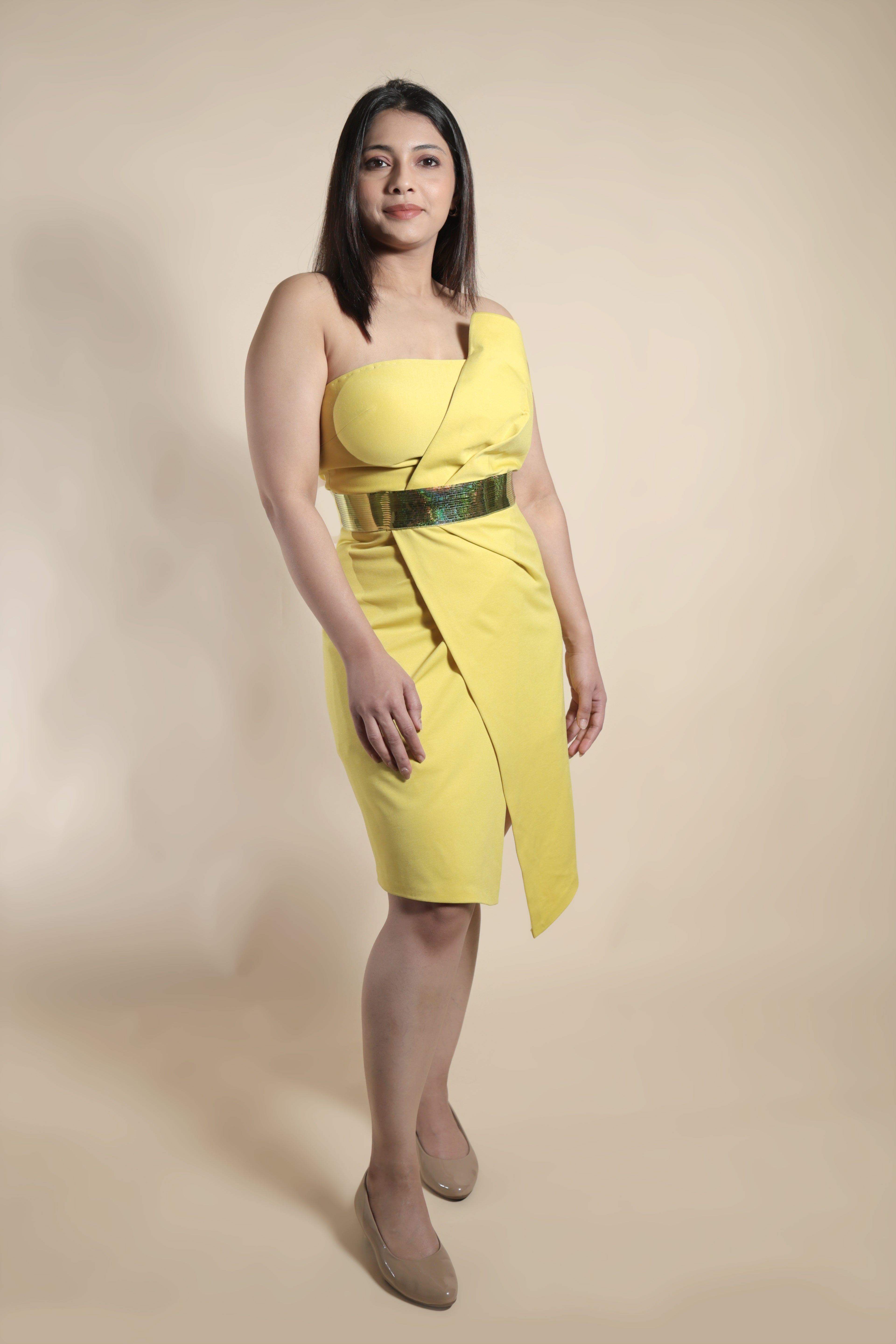 Elegant One-Shoulder Yellow Cocktail Dress With Belt