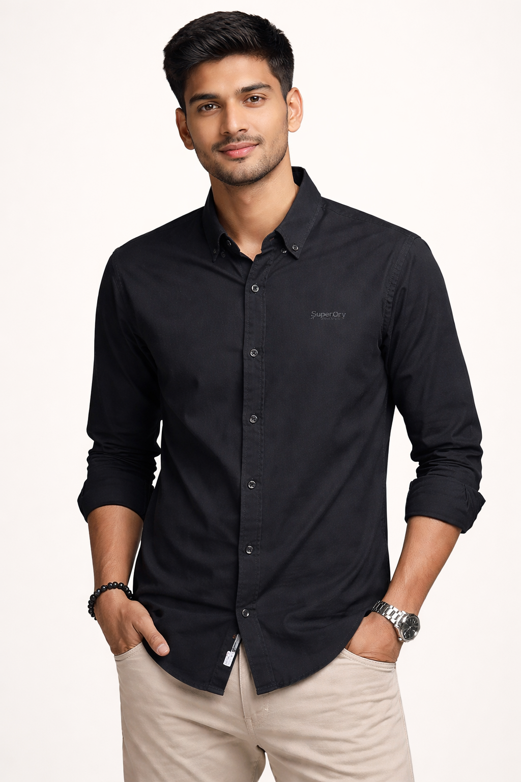 Men's Black Solid Slim Fit Casual Shirt with Button-Down Collar