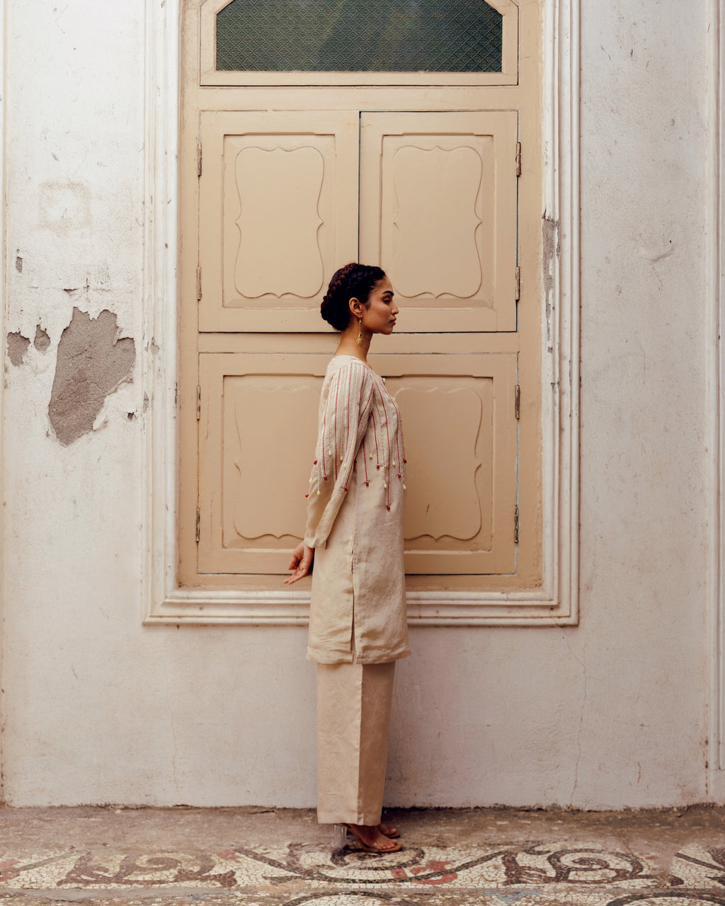 Elegant Champagne Beige Embroidered Kurta Set