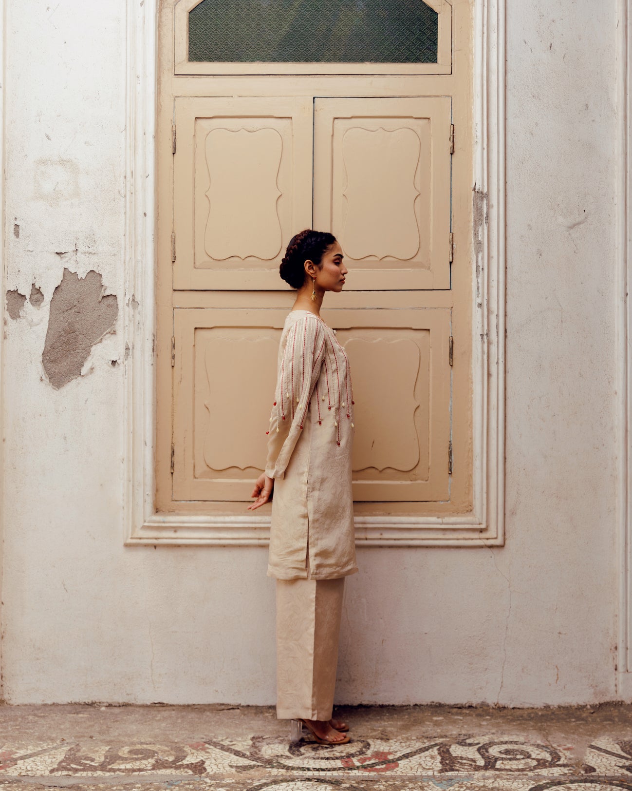 Elegant Champagne Beige Embroidered Kurta Set