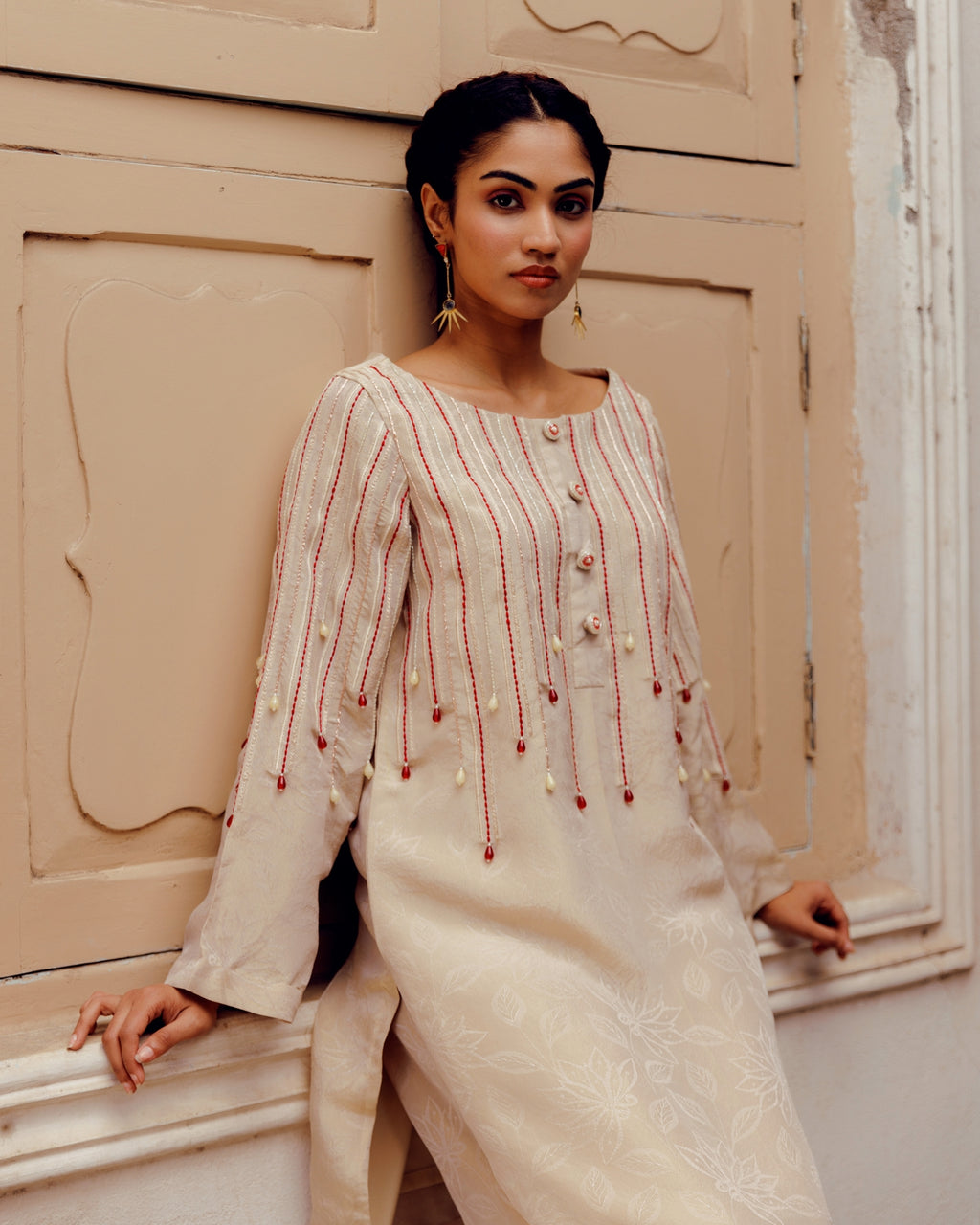 Elegant Champagne Beige Embroidered Kurta Set