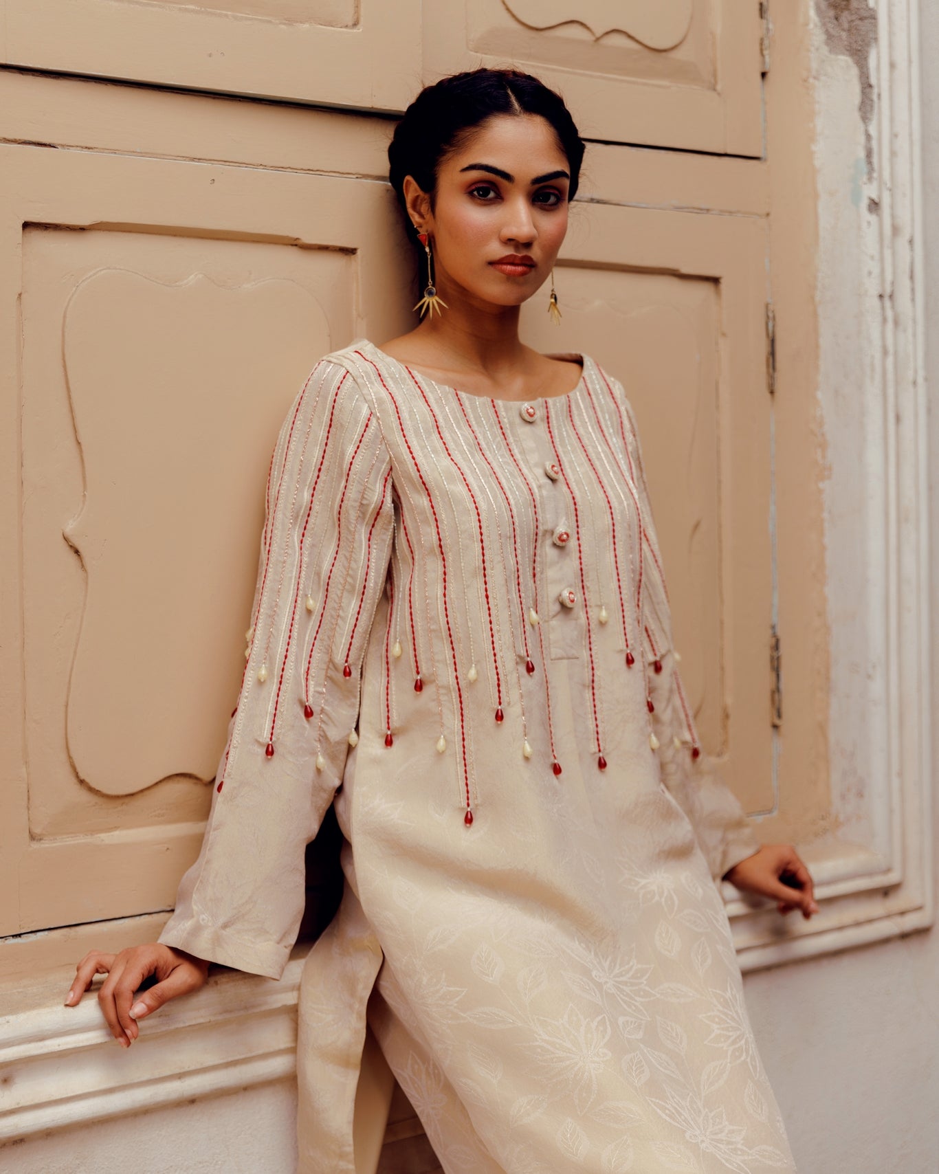 Elegant Champagne Beige Embroidered Kurta Set