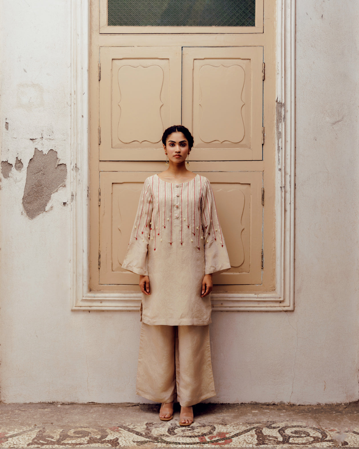 Elegant Champagne Beige Embroidered Kurta Set