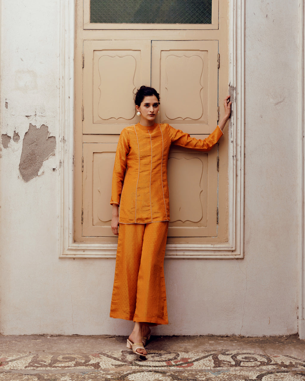 Vibrant Ochre Silk Kurta Set with Minimalist Piping