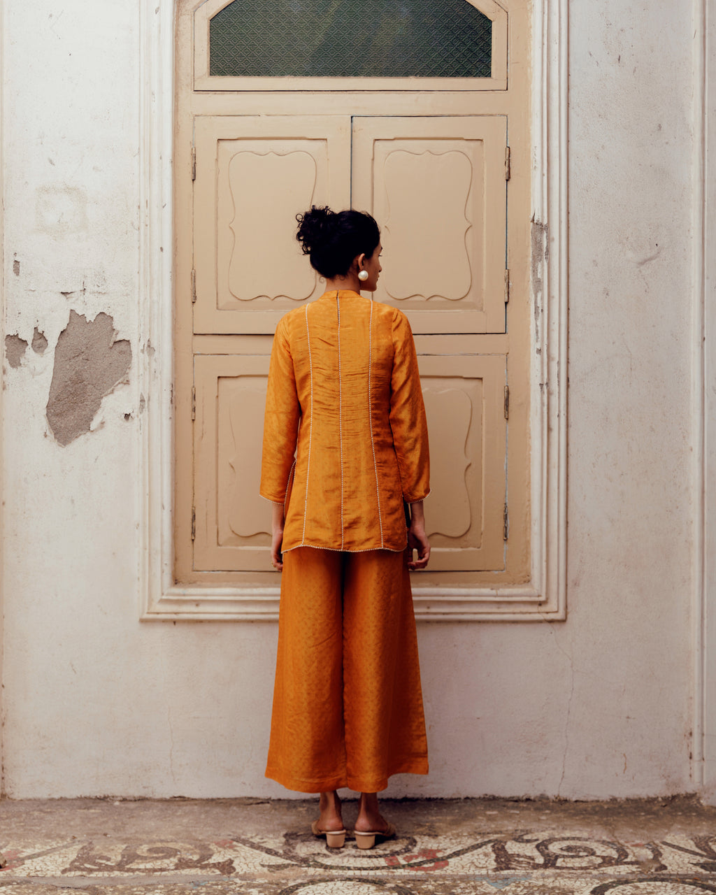 Vibrant Ochre Silk Kurta Set with Minimalist Piping