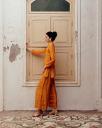 Vibrant Ochre Silk Kurta Set with Minimalist Piping