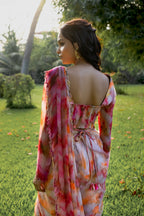 Fuchsia Sunset Floral Organza Drape Saree with Embellished Belt