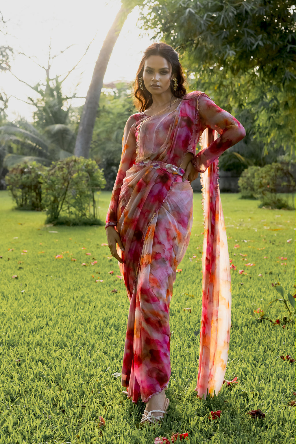Fuchsia Sunset Floral Organza Drape Saree with Embellished Belt