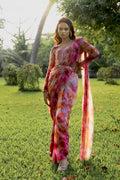 Fuchsia Sunset Floral Organza Drape Saree with Embellished Belt