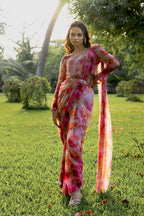Fuchsia Sunset Floral Organza Drape Saree with Embellished Belt