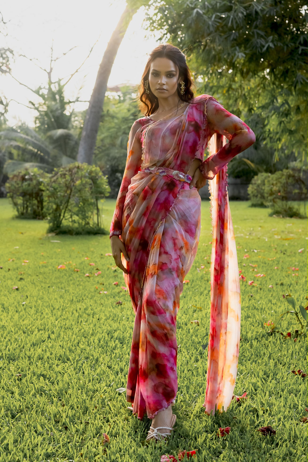 Fuchsia Sunset Floral Organza Drape Saree with Embellished Belt